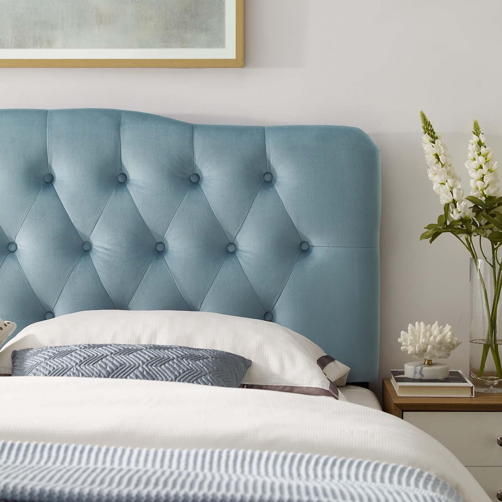 Annabel King Diamond Tufted Velvet Headboard, Light Blue, large