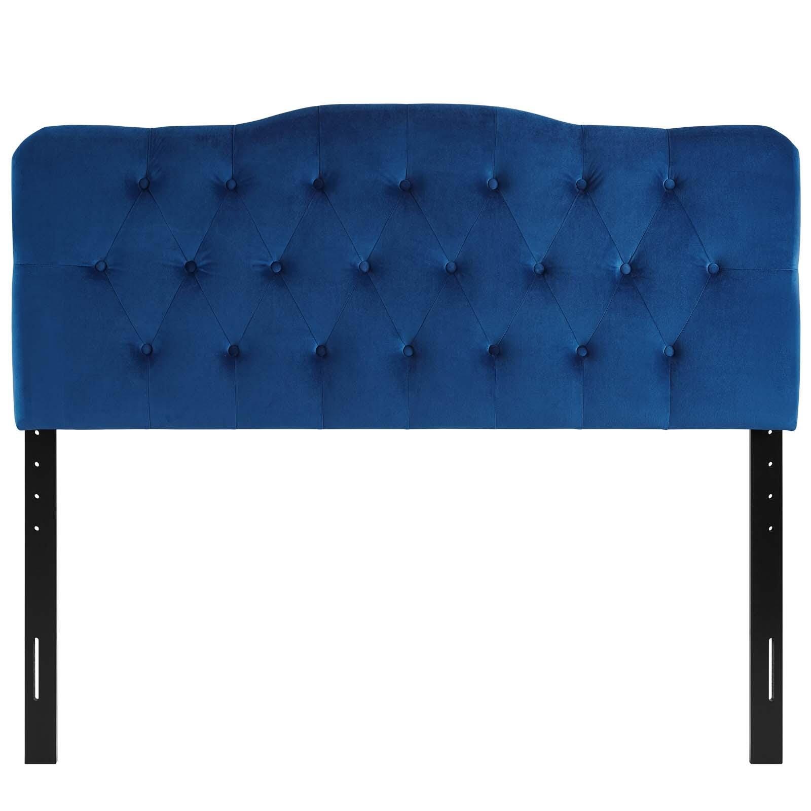 Annabel Queen Diamond Tufted Velvet Headboard, Navy, large