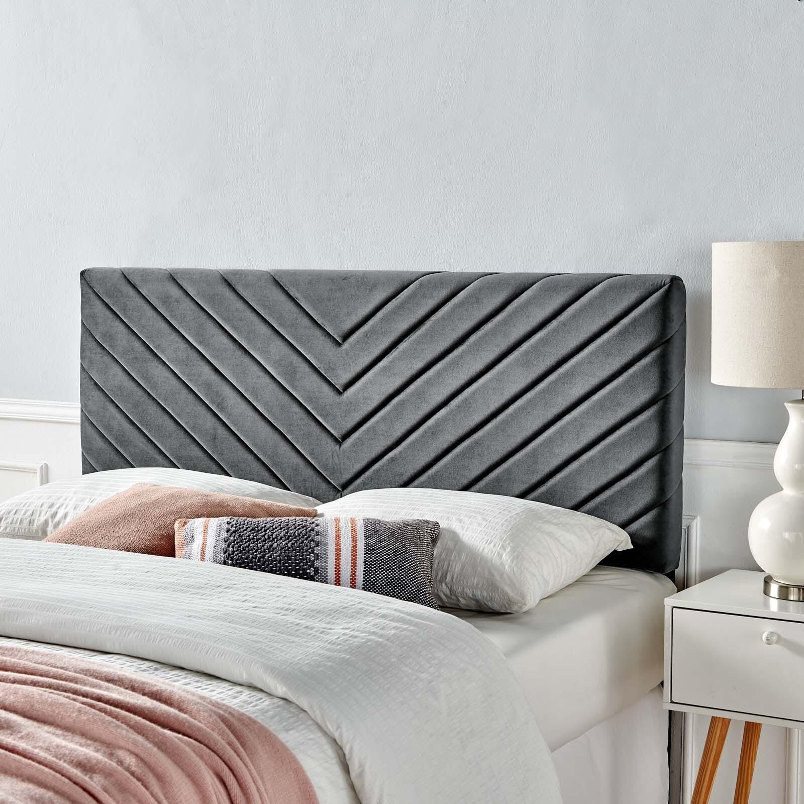 Alyson Queen/Full Angular Channel Tufted Velvet Headboard, Charcoal, large