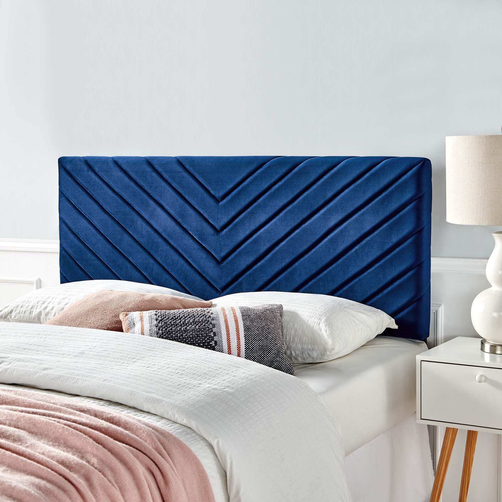 Alyson Queen/Full Angular Channel Tufted Velvet Headboard, Navy, rollover