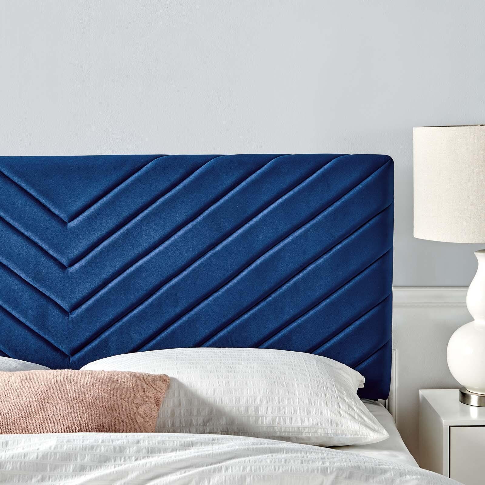 Alyson Queen/Full Angular Channel Tufted Velvet Headboard, Navy, large