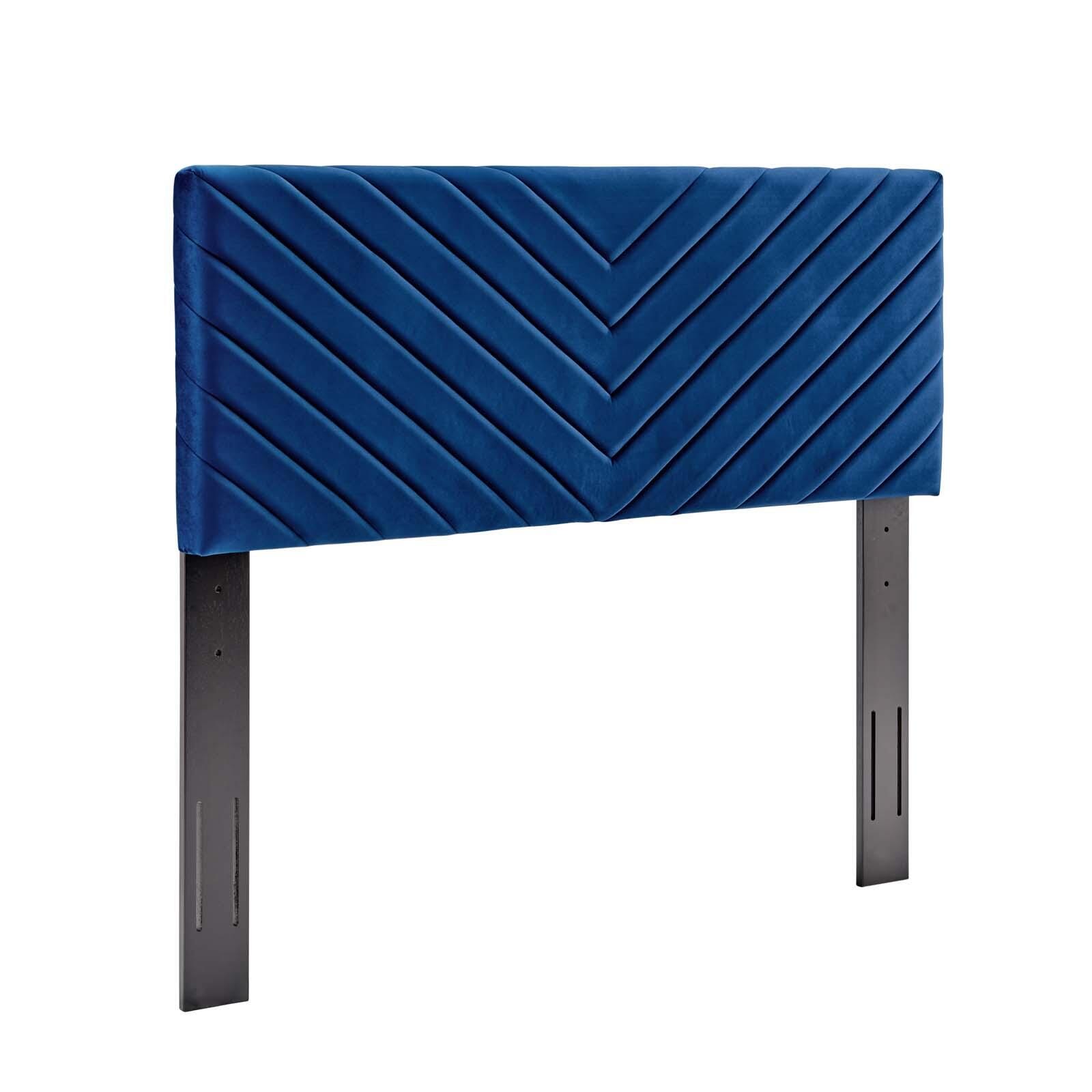 Alyson Queen/Full Angular Channel Tufted Velvet Headboard, Navy, large