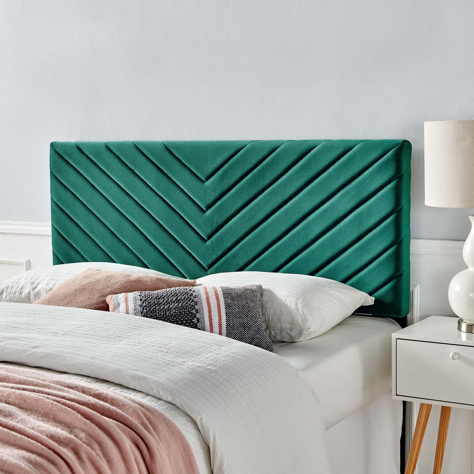 Alyson Queen/Full Angular Channel Tufted Velvet Headboard, Teal, large