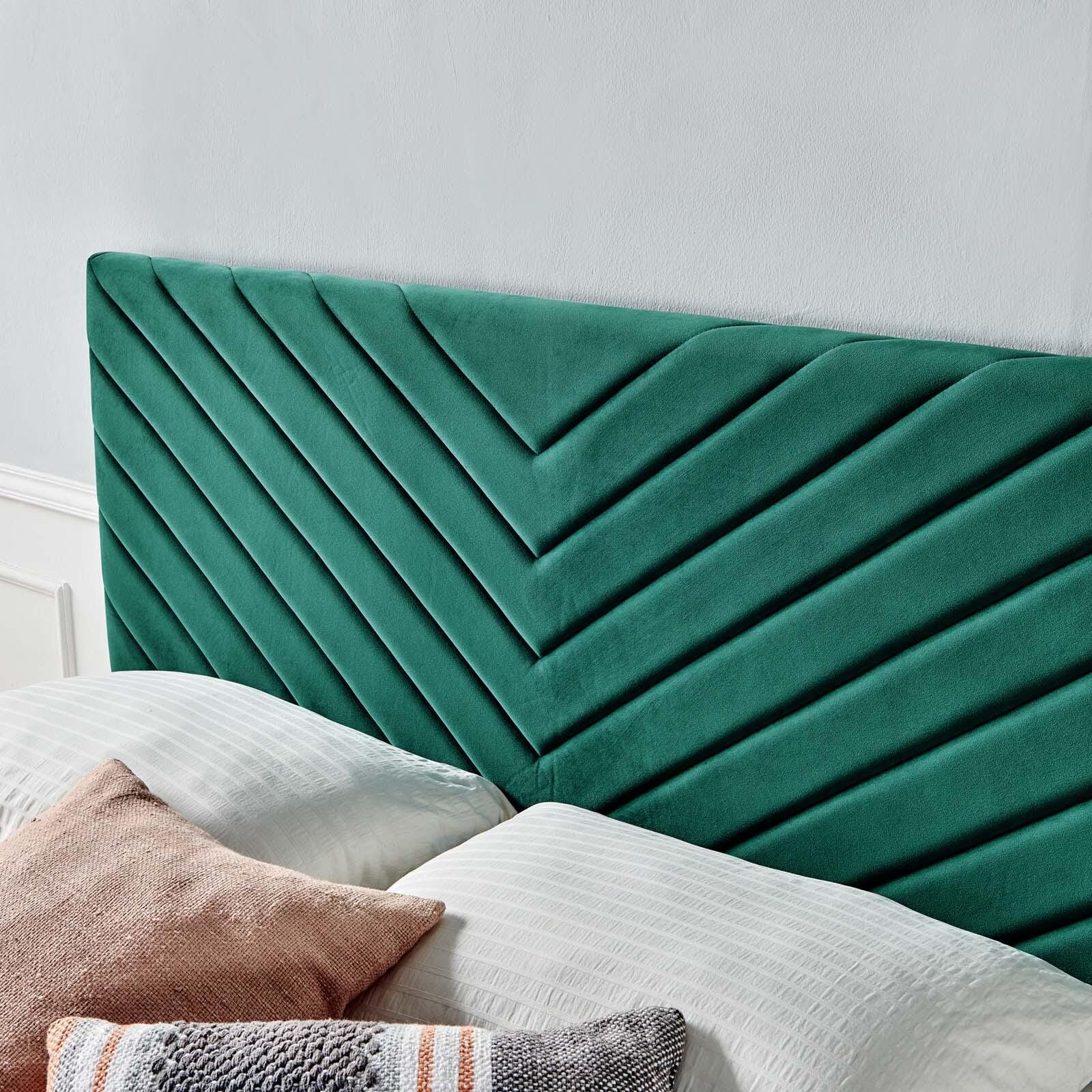 Alyson Queen/Full Angular Channel Tufted Velvet Headboard, Teal, large