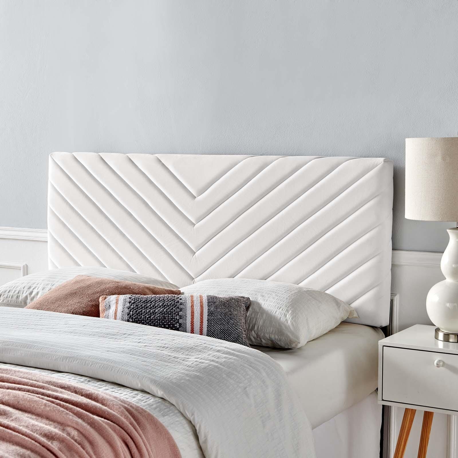 Alyson King and California King Angular Channel Tufted Velvet Headboard, White, rollover