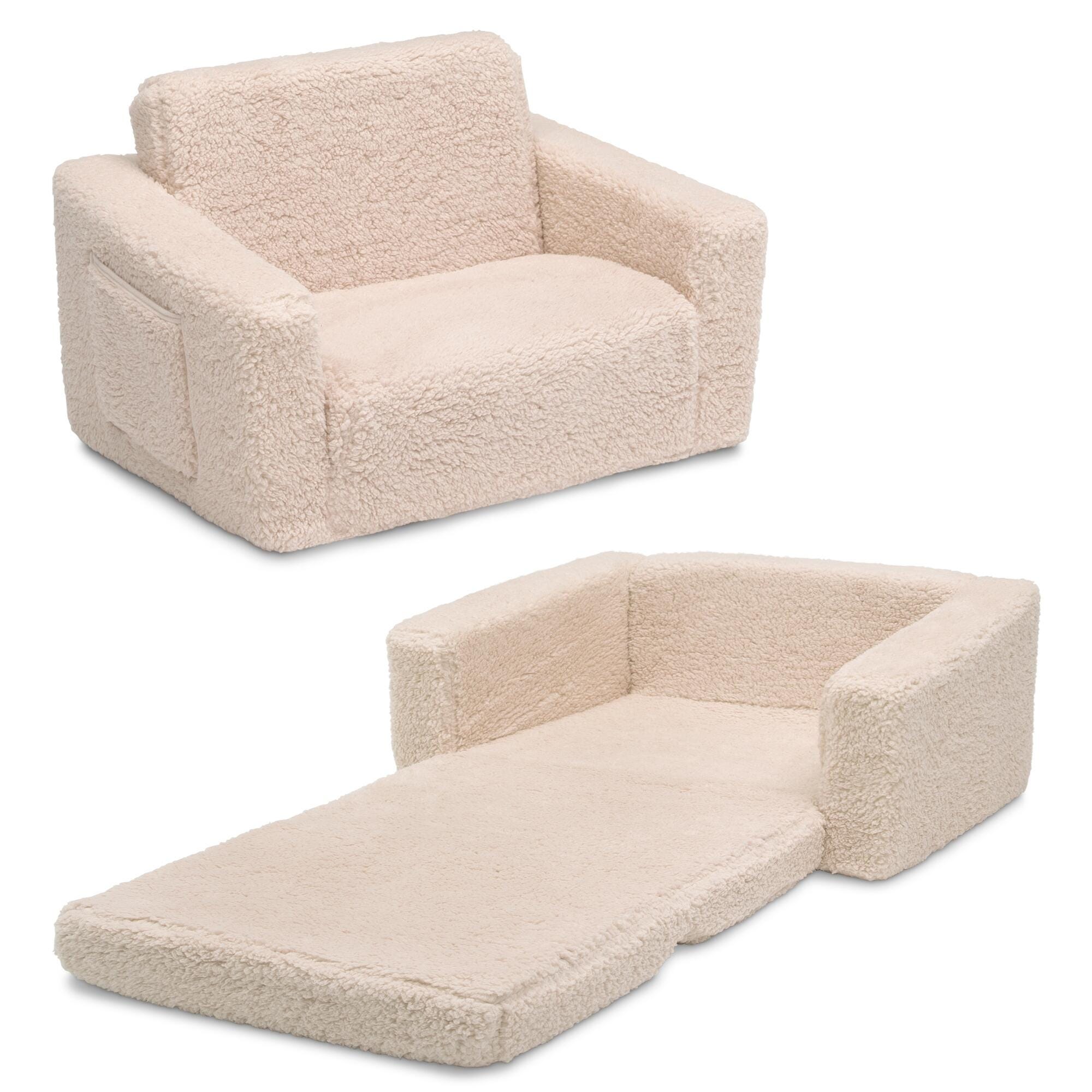 Delta Children Cozee Flip-Out Sherpa 2-in-1 Convertible Chair to Lounger for Kids, White, large
