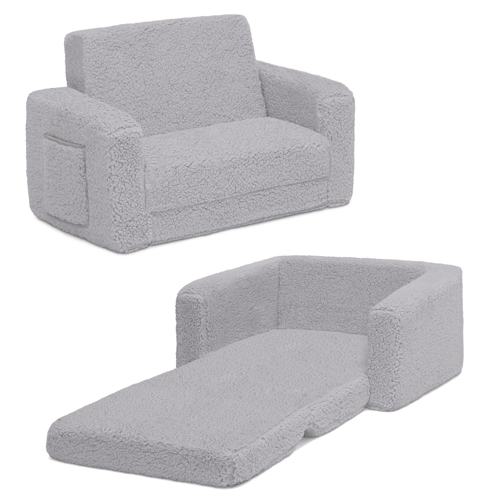 Delta Children Cozee Flip-Out Sherpa 2-in-1 Convertible Chair to Lounger for Kids, Black/Gray, large