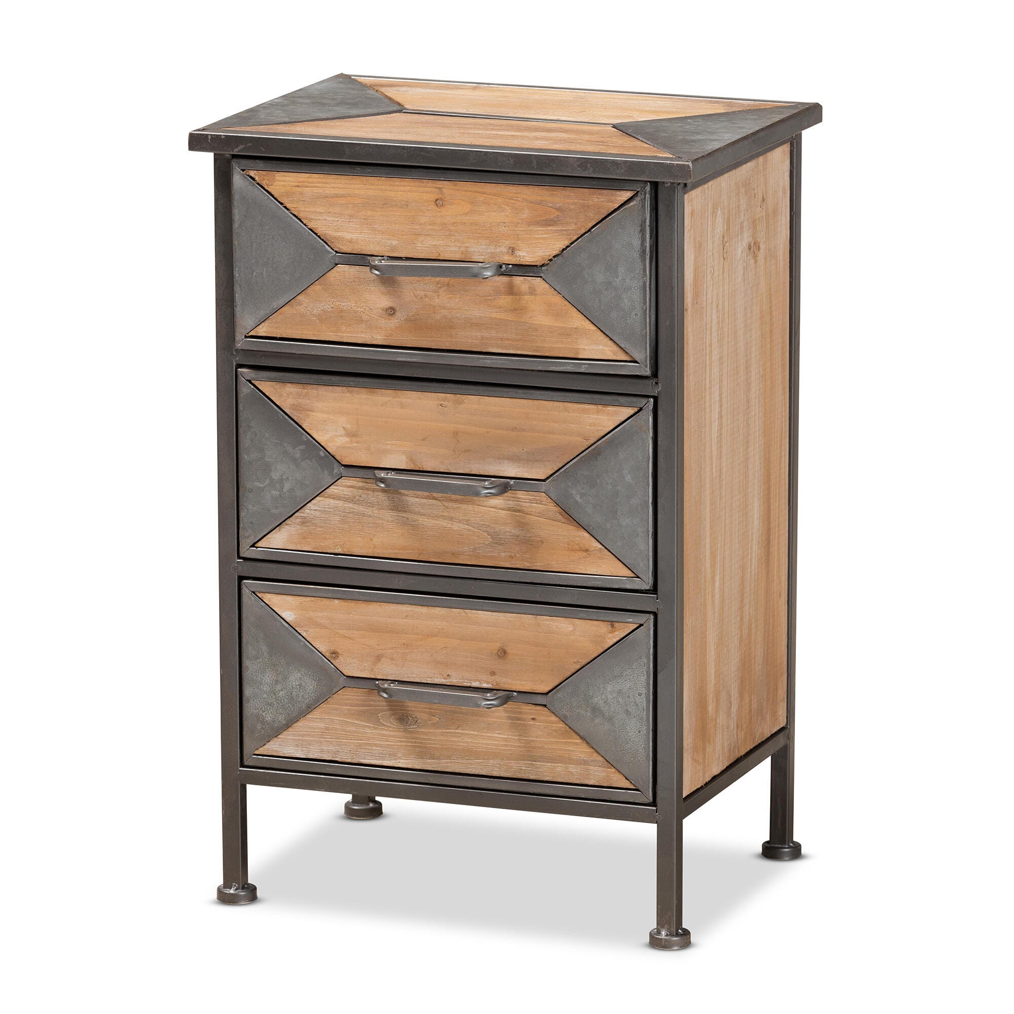 Baxton Studio Laurel Rustic Industrial Antique Grey Finished Metal and Whitewashed Oak Brown Finished Wood 3-Drawer Nightstand, , large
