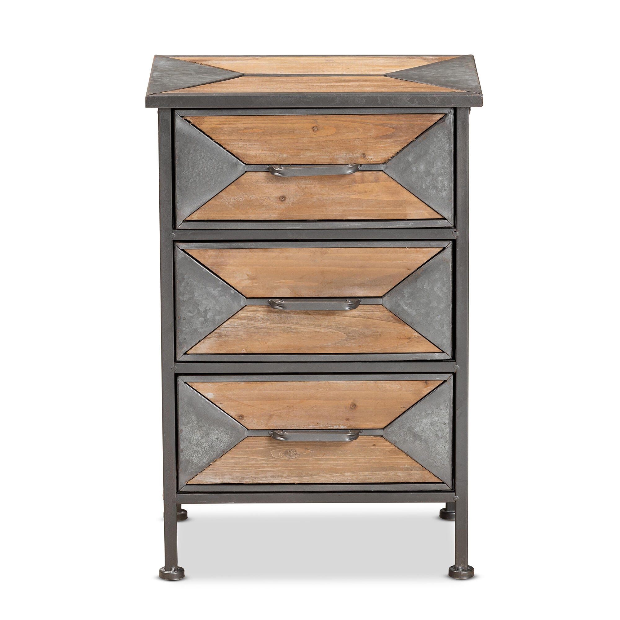 Baxton Studio Laurel Rustic Industrial Antique Grey Finished Metal and Whitewashed Oak Brown Finished Wood 3-Drawer Nightstand, , large