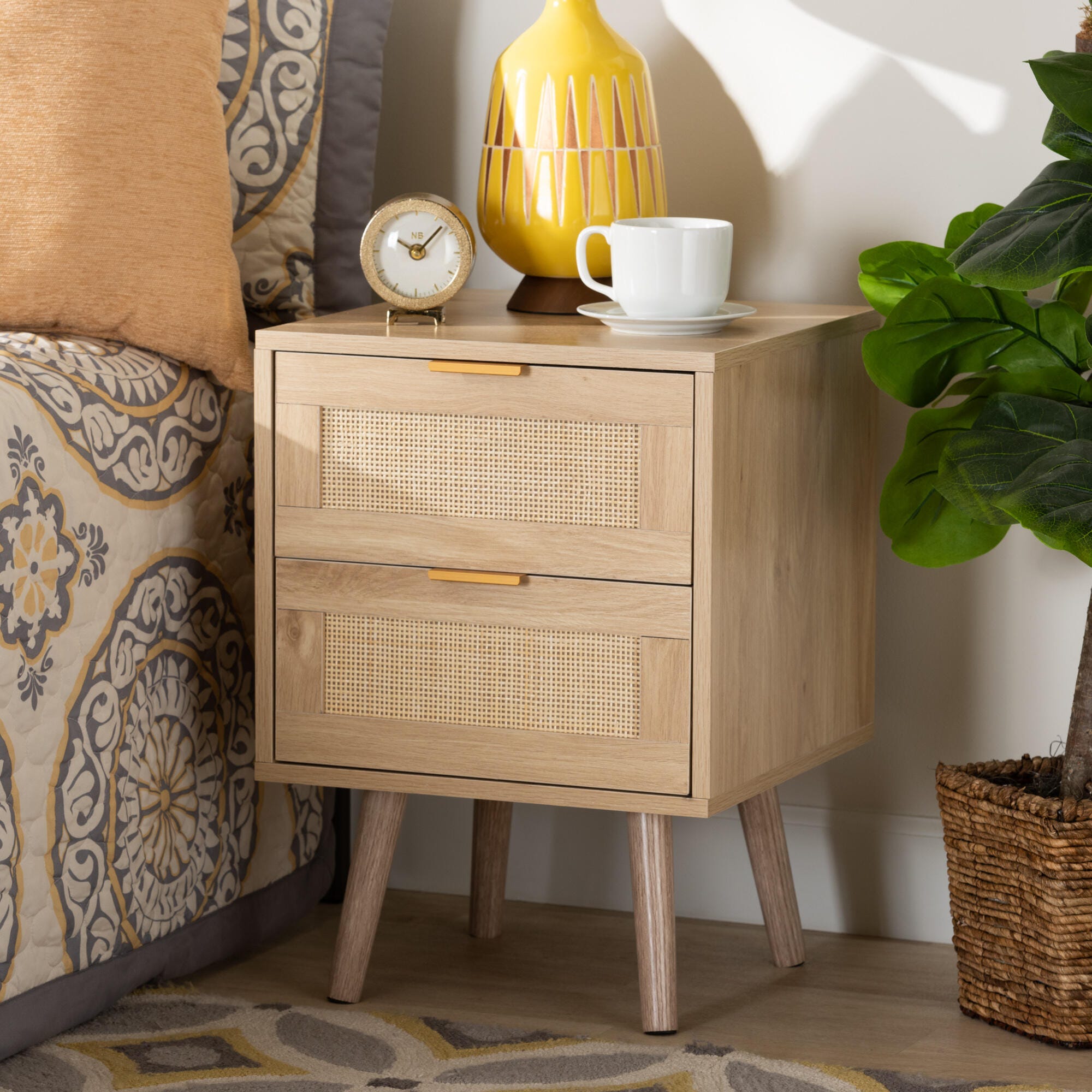 Baxton Studio Baird Mid-Century Modern Light Oak Brown Finished Wood and Rattan 2-Drawer Nightstand, , rollover