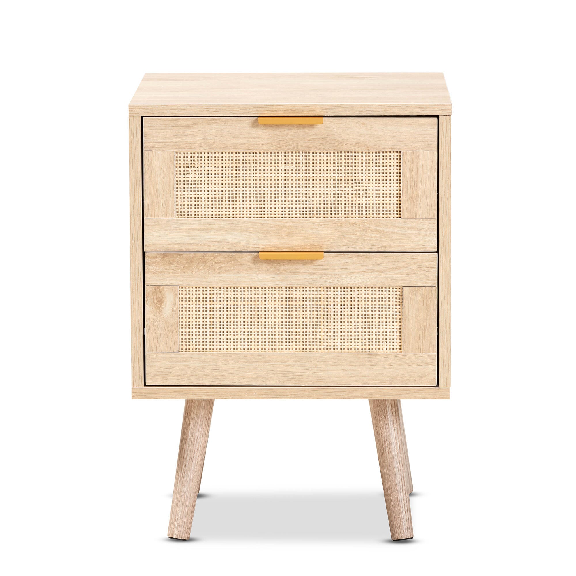Baxton Studio Baird Mid-Century Modern Light Oak Brown Finished Wood and Rattan 2-Drawer Nightstand, , large