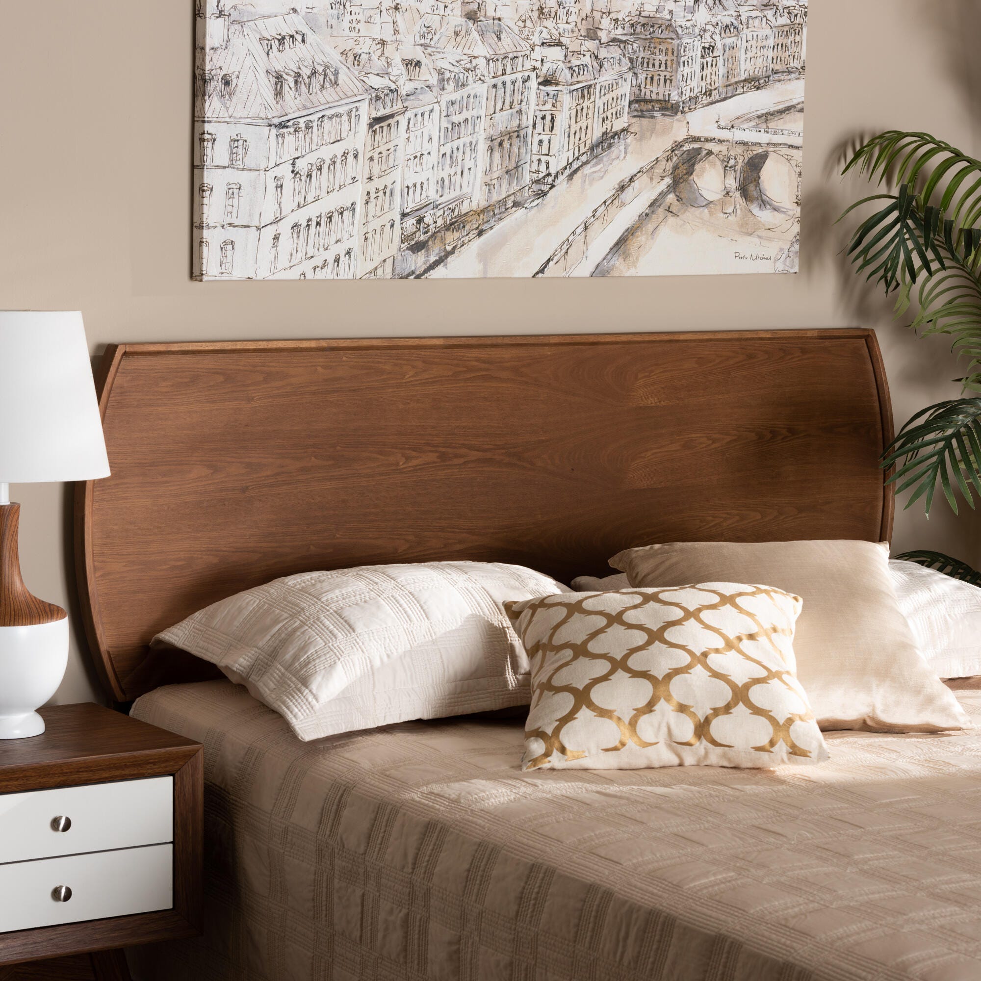 Baxton Studio Laurien Mid-Century Modern Ash Walnut Finished Wood Size Headboard