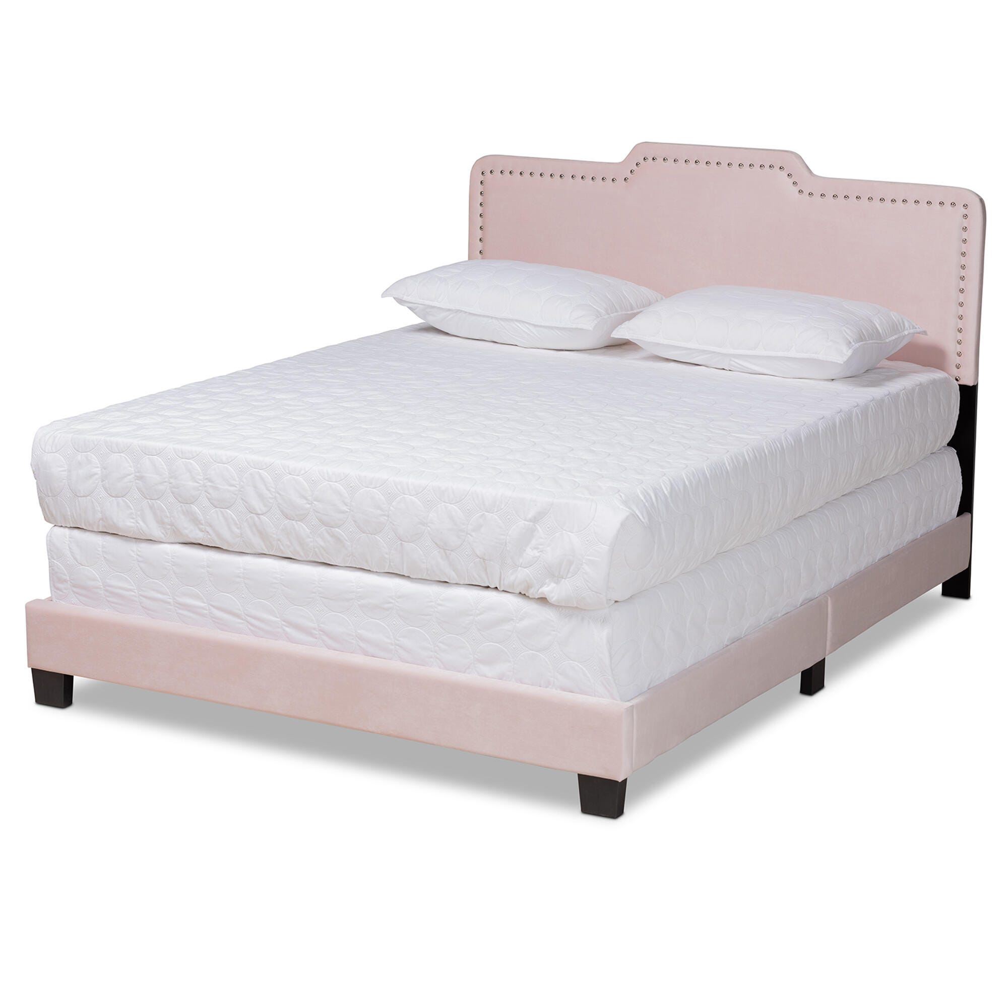 Baxton Studio Benjen Modern and Contemporary Glam Light Pink Velvet Fabric Upholstered Queen Size Panel Bed, Light Pink/Black, large