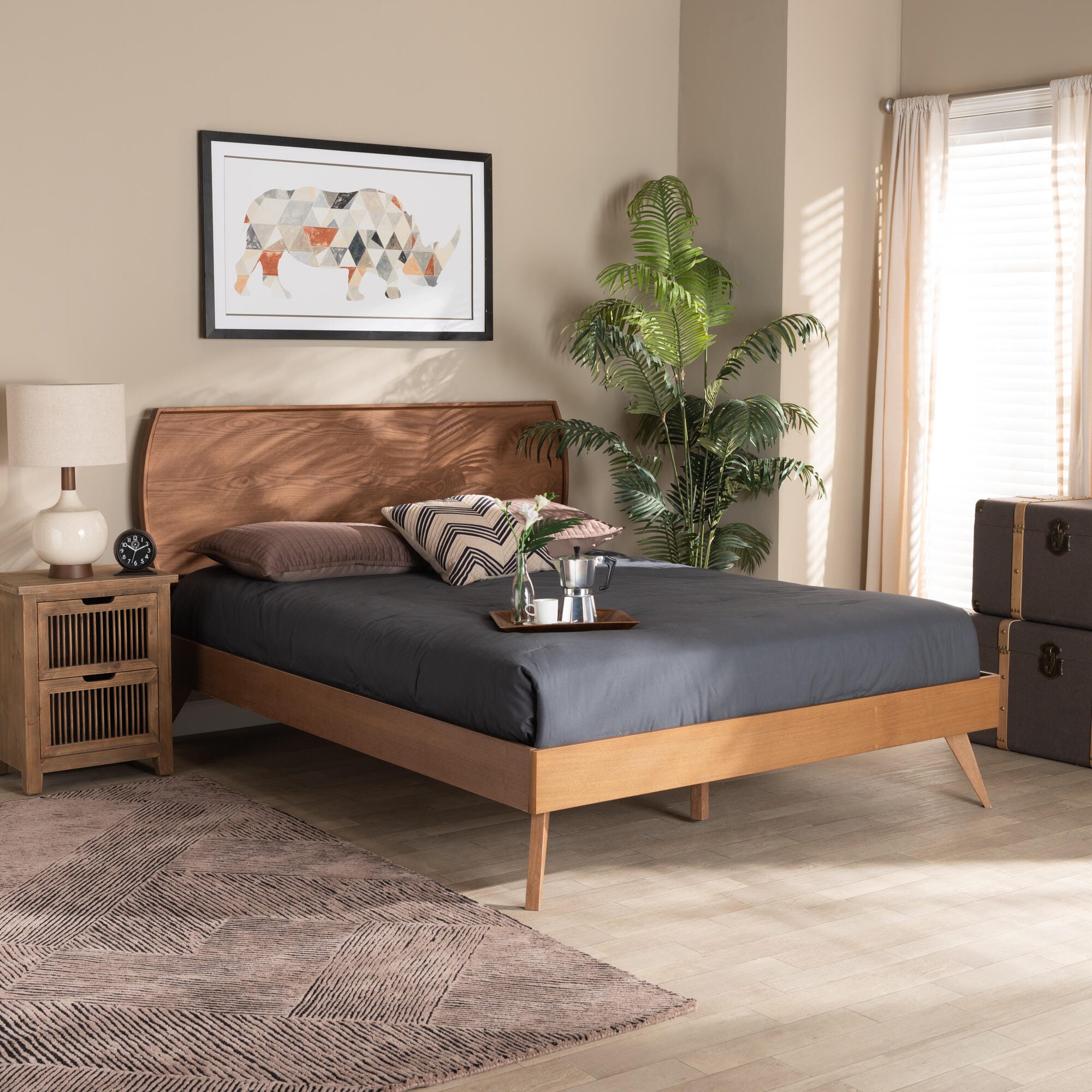 Baxton Studio Aimi Mid-Century Modern Walnut Brown Finished Wood Queen Size Platform Bed, Walnut Brown, rollover