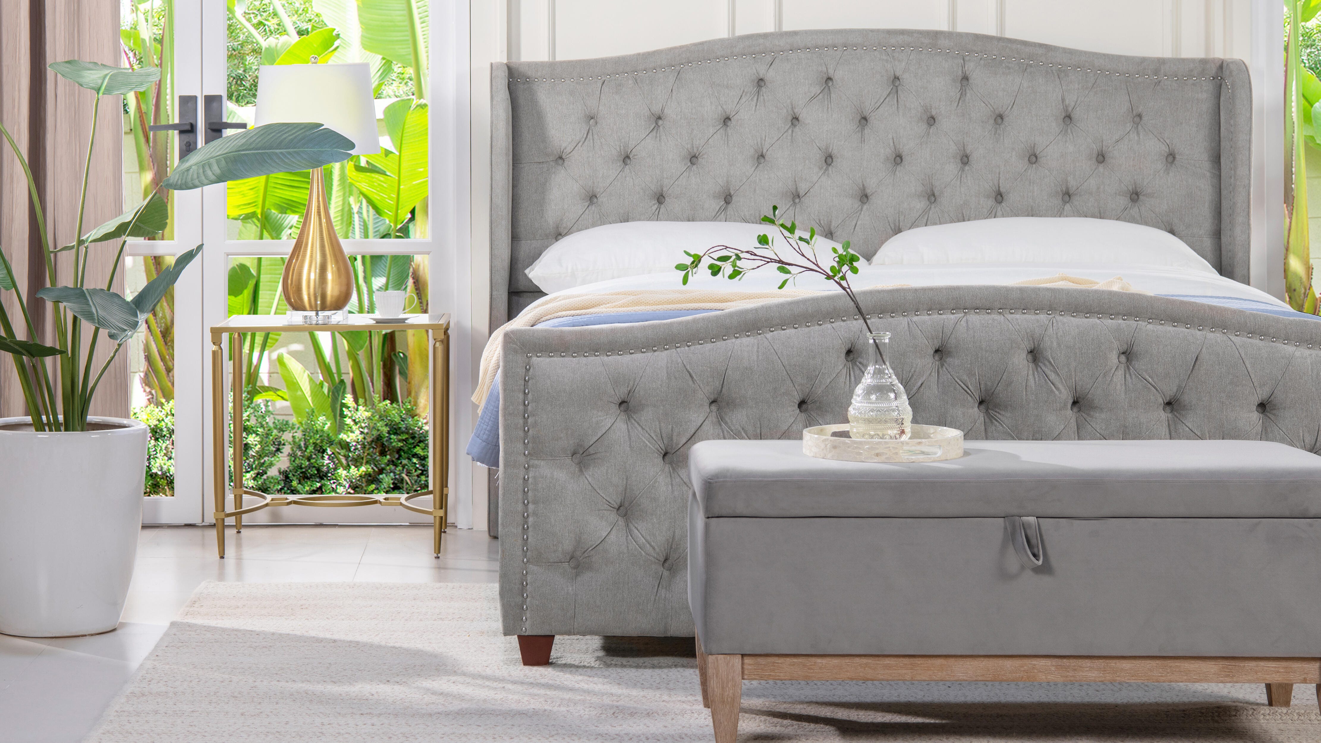 Jennifer Taylor Home Marcella Marcella Upholstered Shelter King Headboard Bed, Silver Gray, large