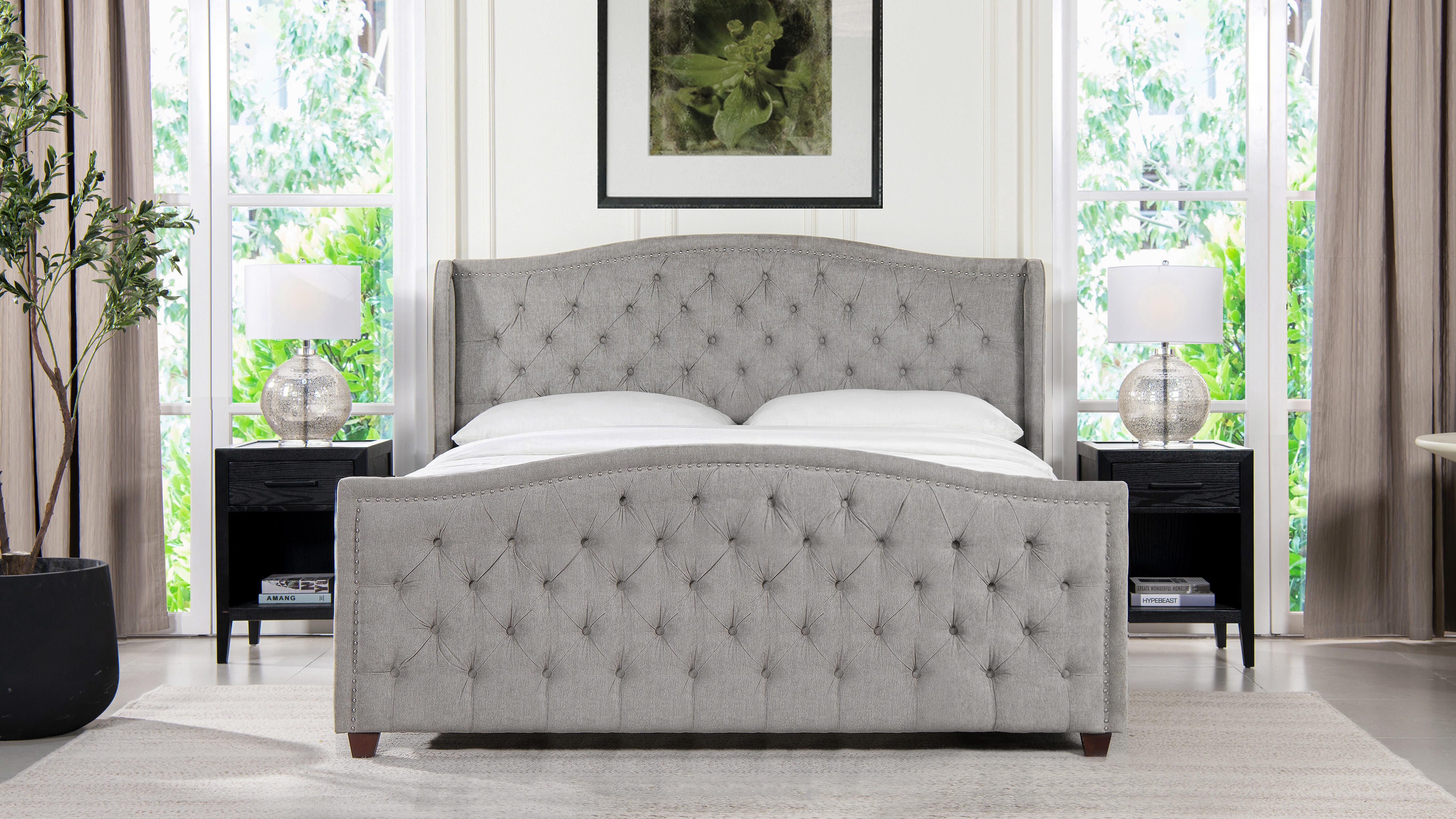 Jennifer Taylor Home Marcella Marcella Upholstered Shelter King Headboard Bed, Silver Gray, large