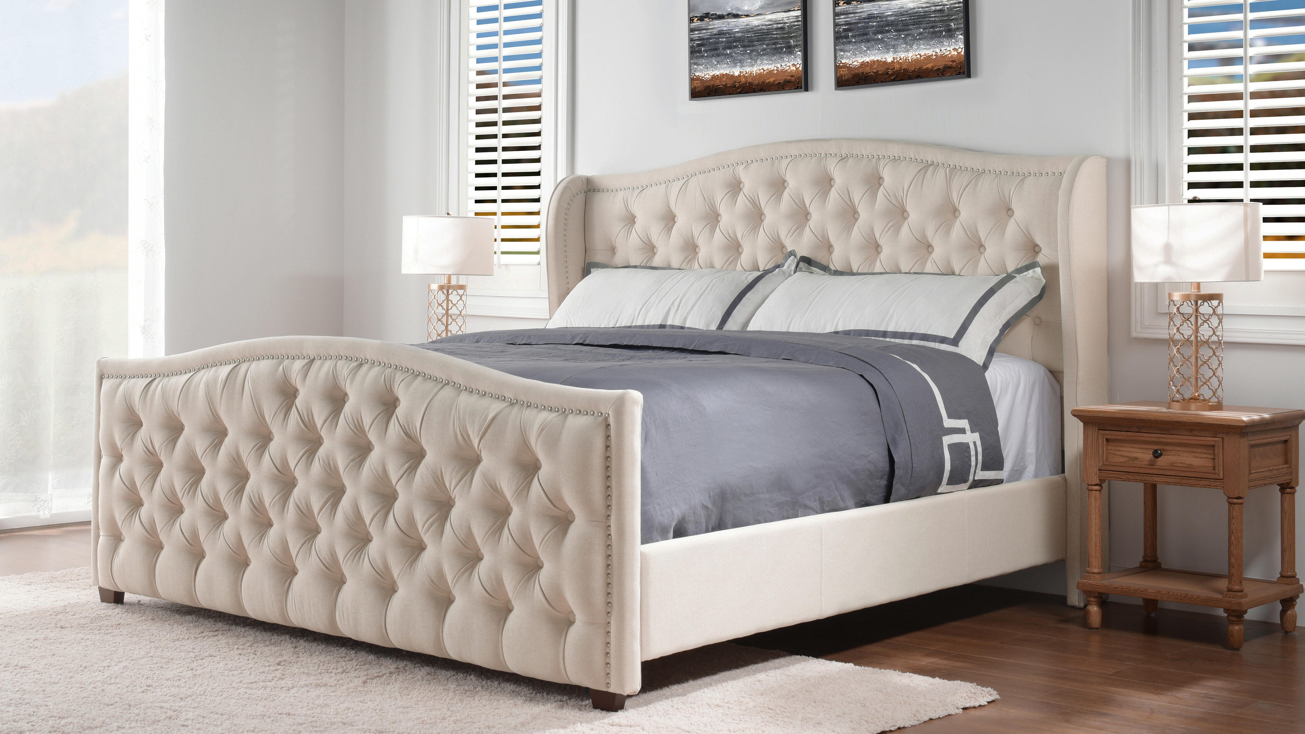 Jennifer Taylor Home Marcella Marcella Upholstered Shelter King Headboard Bed, Sky Neutral Beige, large