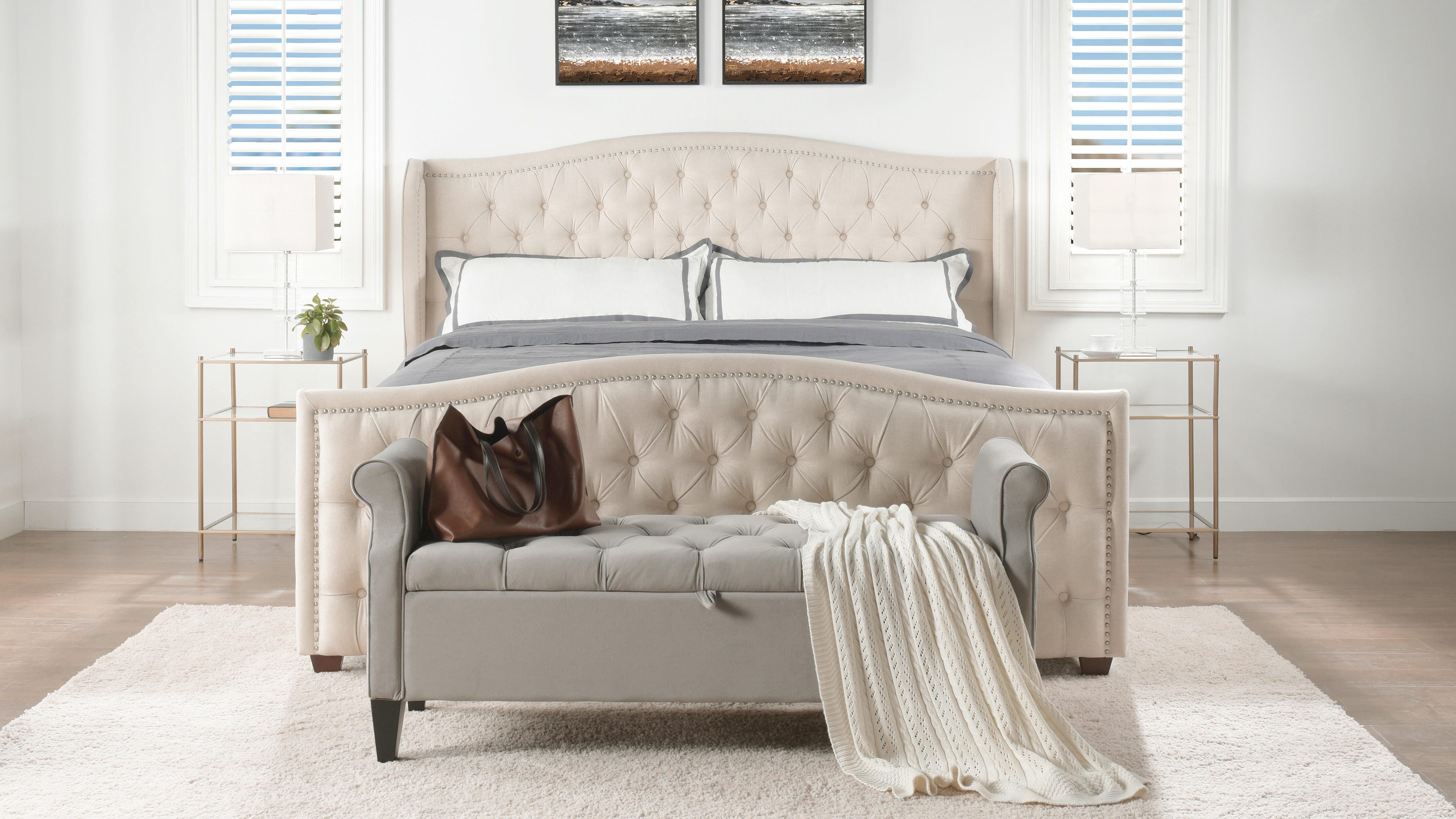 Jennifer Taylor Home Marcella Marcella Upholstered Shelter King Headboard Bed, Sky Neutral Beige, large