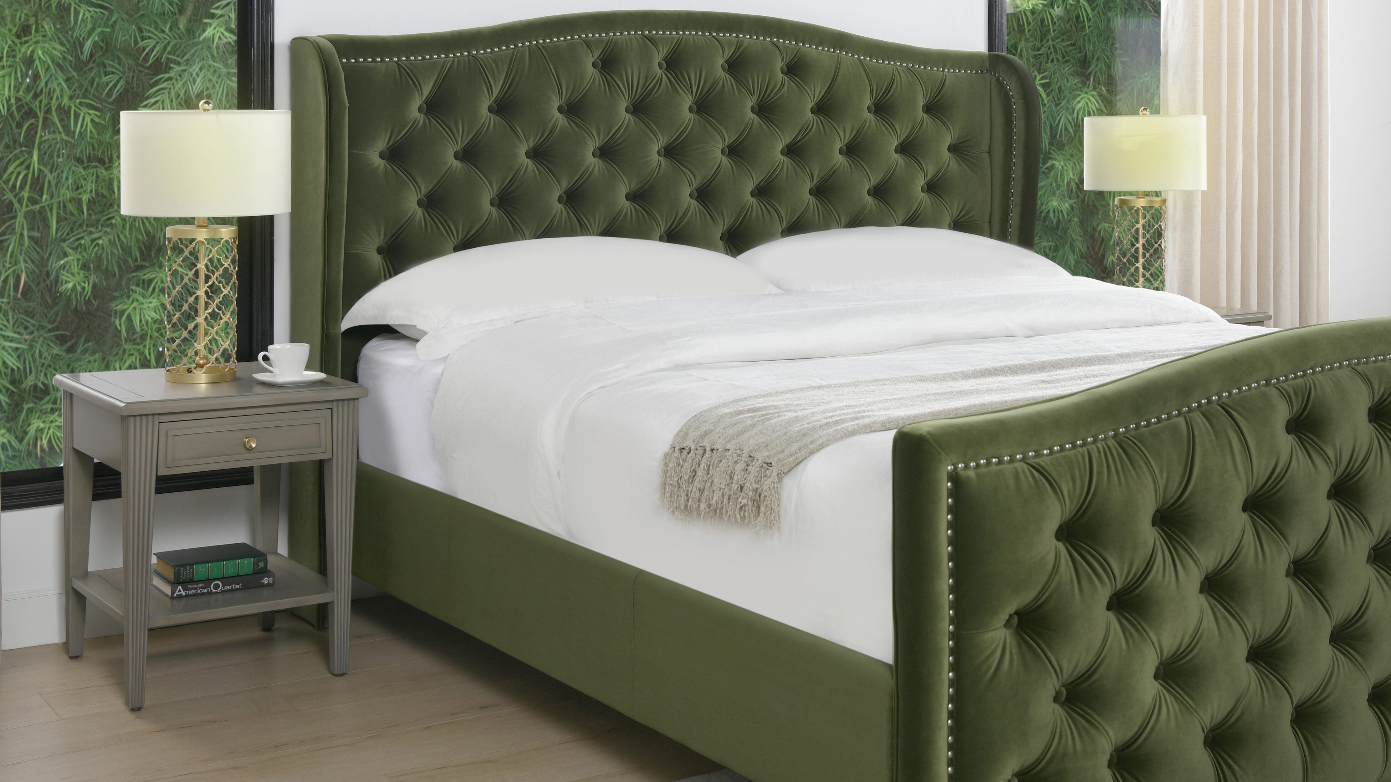 Jennifer Taylor Home Marcella Marcella Upholstered Shelter King Headboard Bed, Olive Green, large