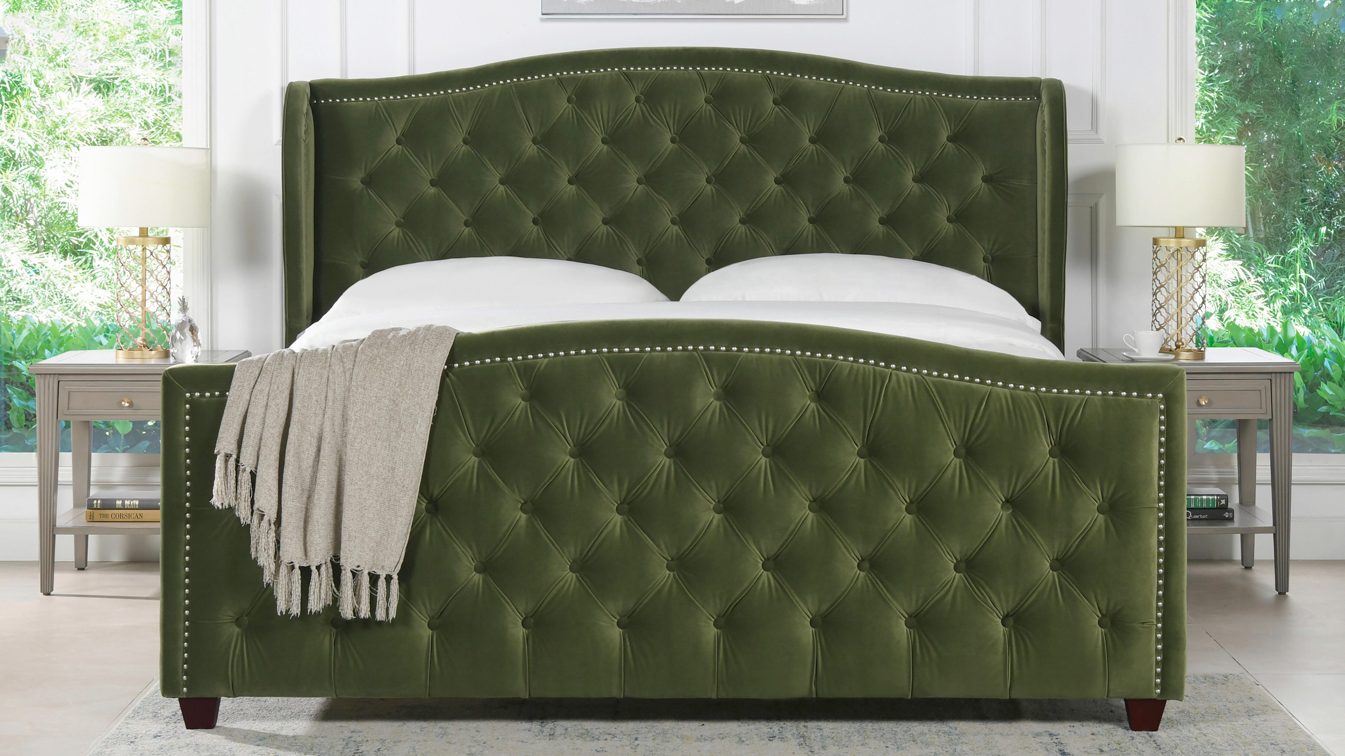 Jennifer Taylor Home Marcella Marcella Upholstered Shelter King Headboard Bed, Olive Green, large