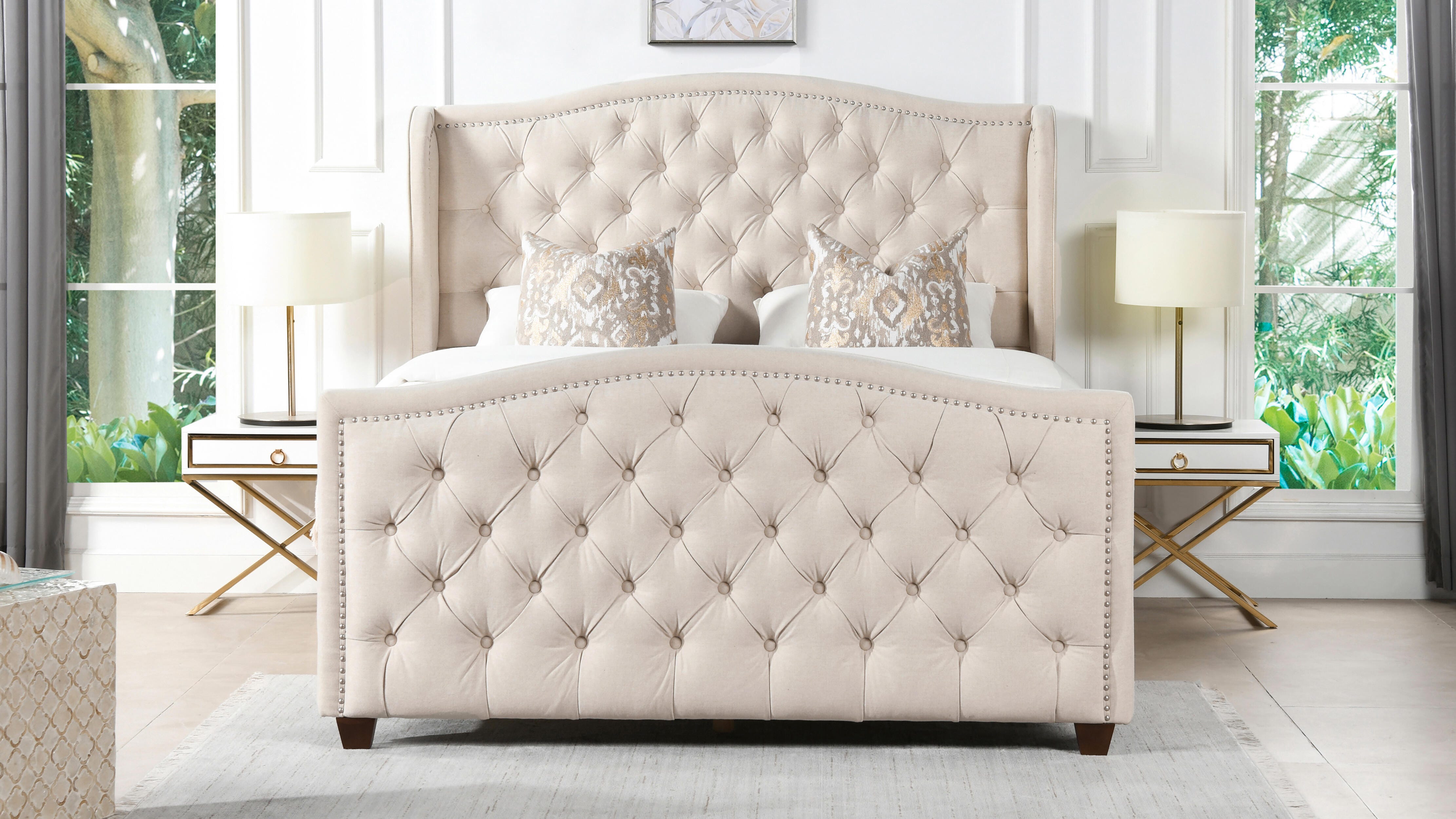 Jennifer Taylor Marcella Upholstered Shelter Queen Headboard, Sky Neutral Beige, rollover