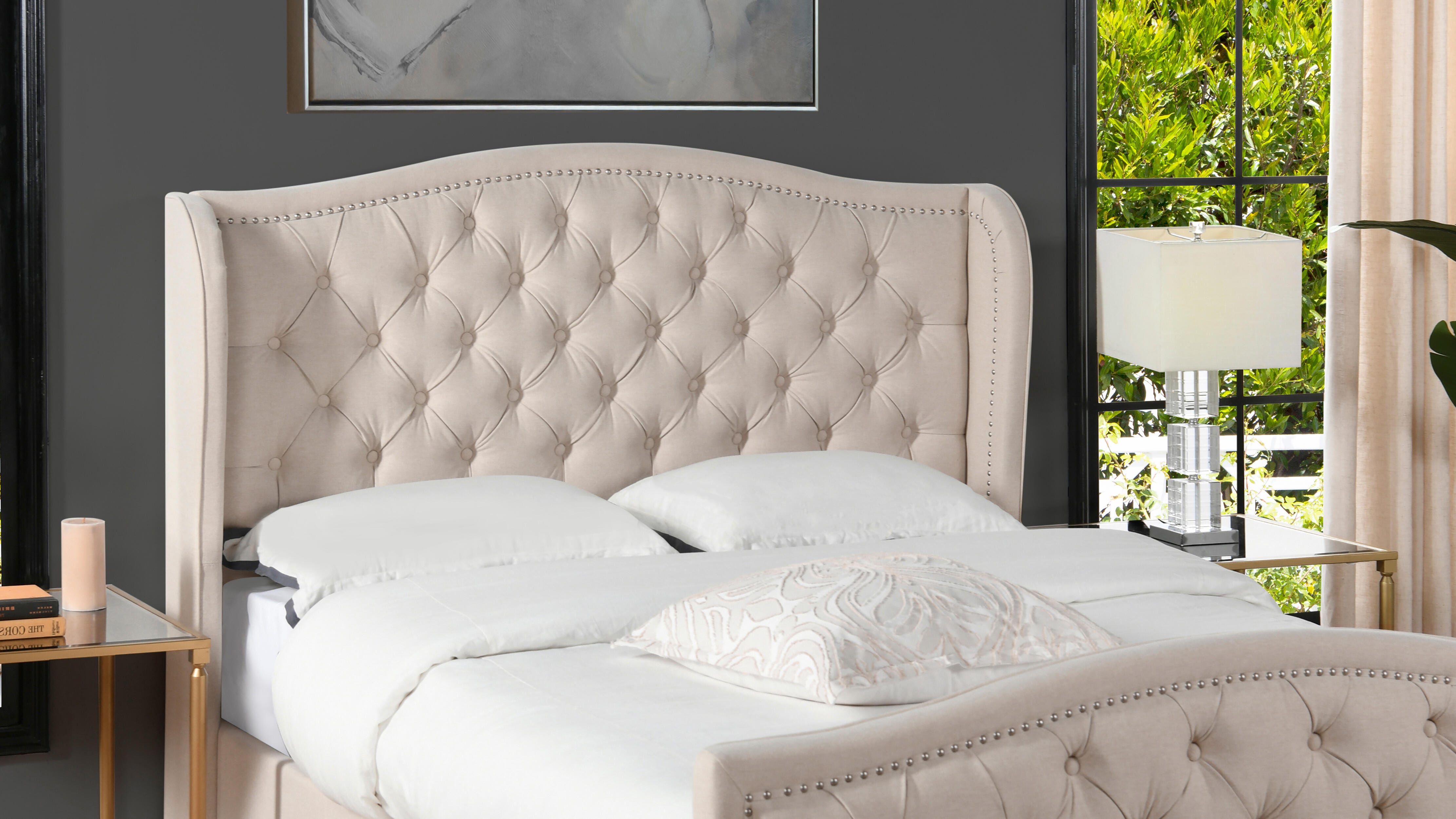 Jennifer Taylor Home Marcella Marcella Upholstered Shelter Queen Headboard, Sky Neutral Beige, large