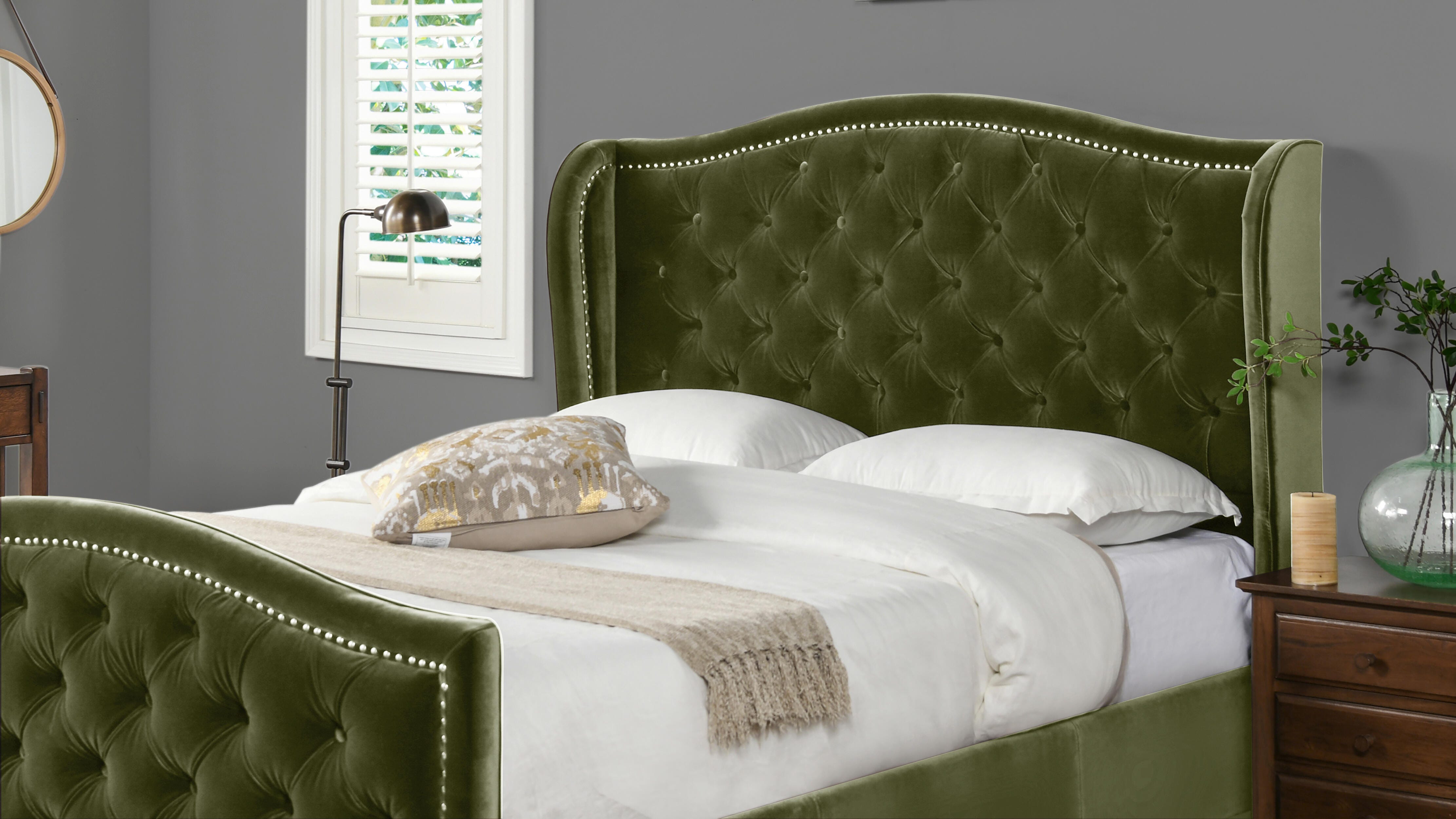 Jennifer Taylor Home Marcella Marcella Upholstered Shelter Queen Headboard, Olive Green, large