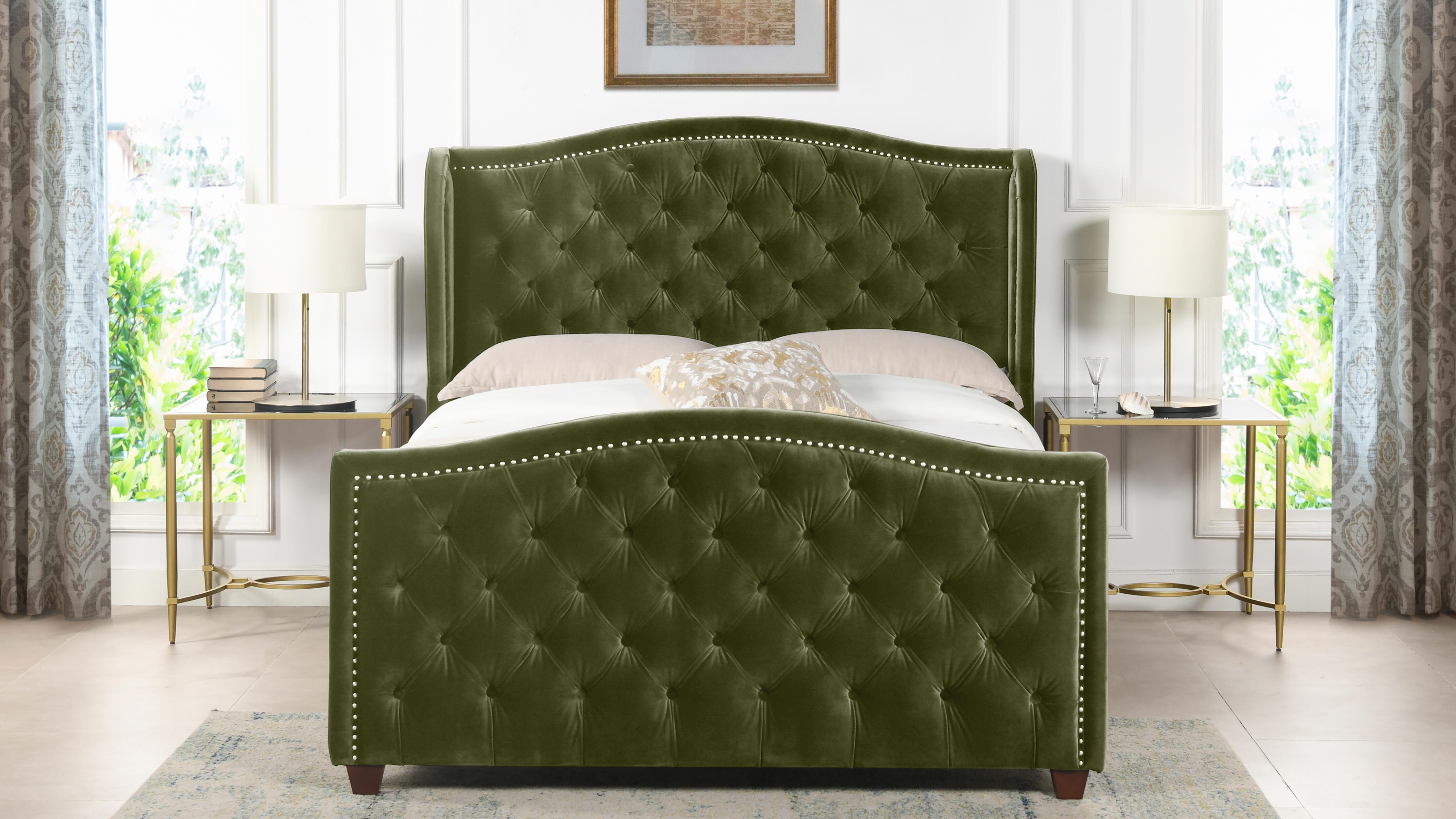 Jennifer Taylor Home Marcella Marcella Upholstered Shelter Queen Headboard, Olive Green, large