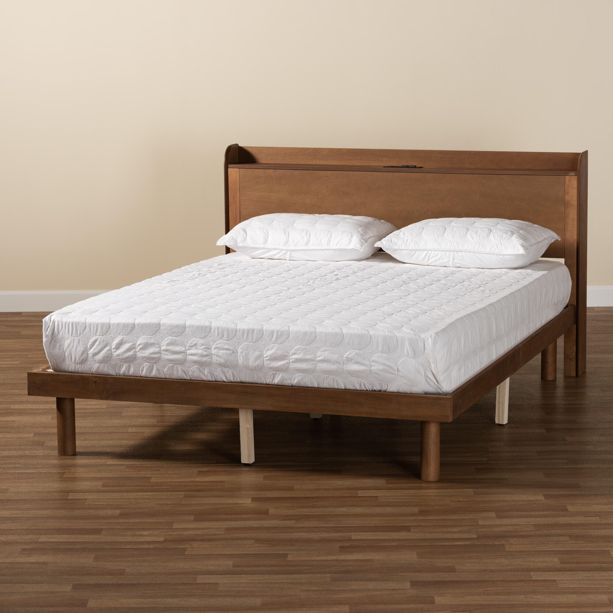Baxton Studio Decker Queen Platform Bed with Charging Station, Walnut Brown, large