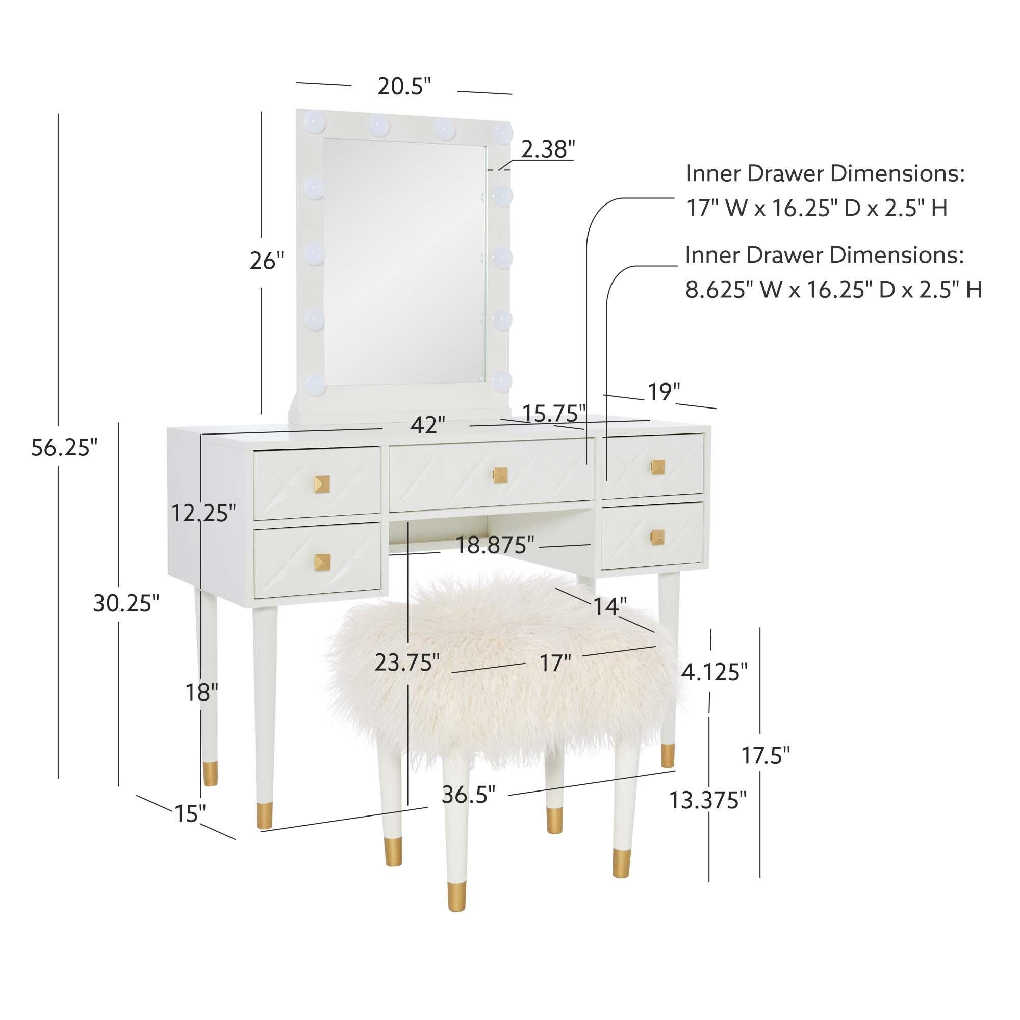 Linon Geo Lighted Vanity and Stool Set, White, large