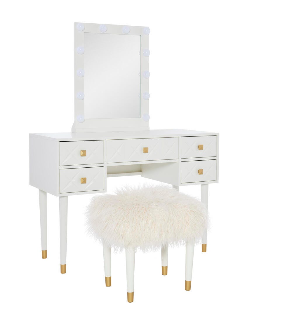Linon Geo Lighted Vanity and Stool Set, White, large