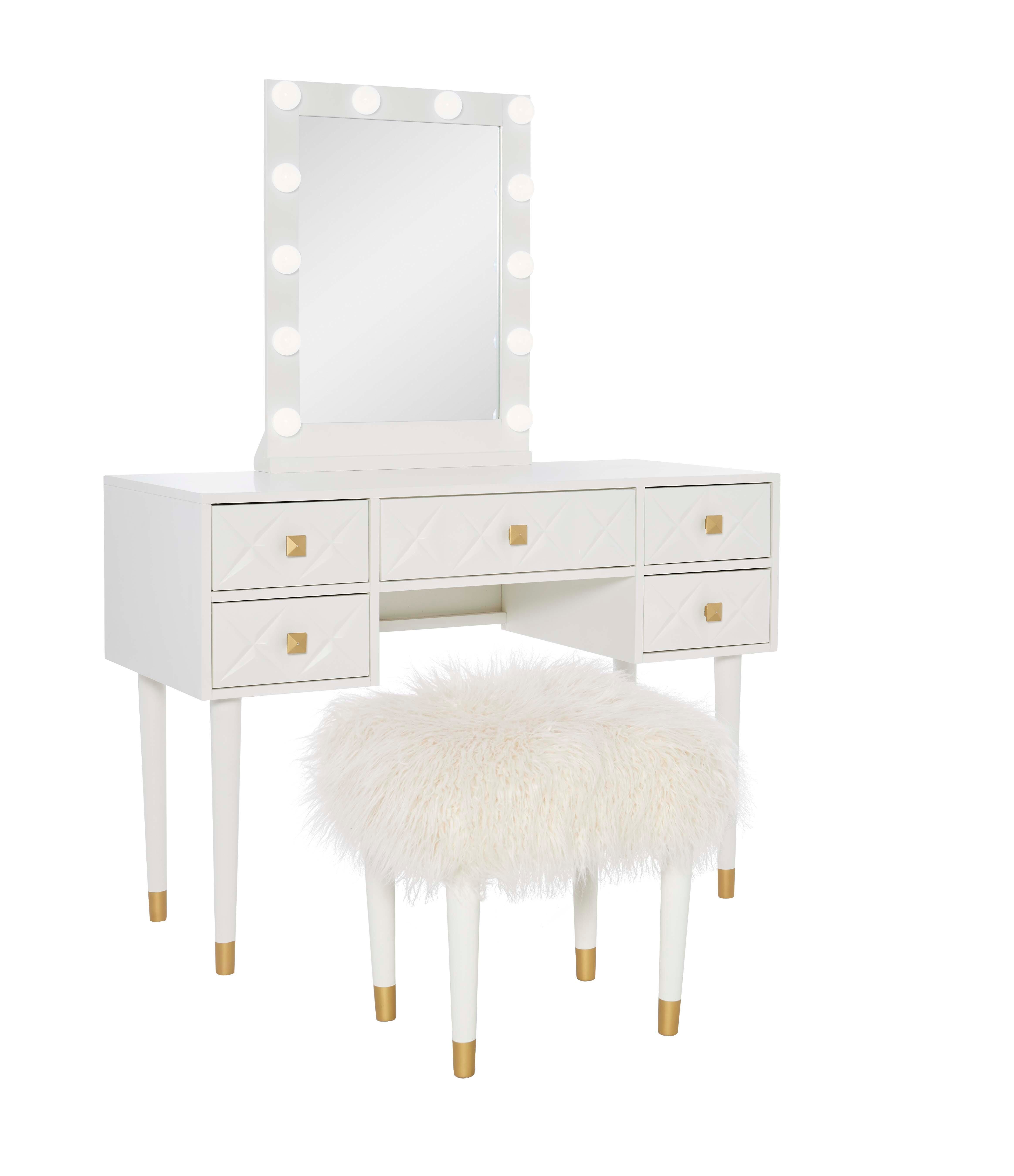 Linon Geo Lighted Vanity and Stool Set, White, large