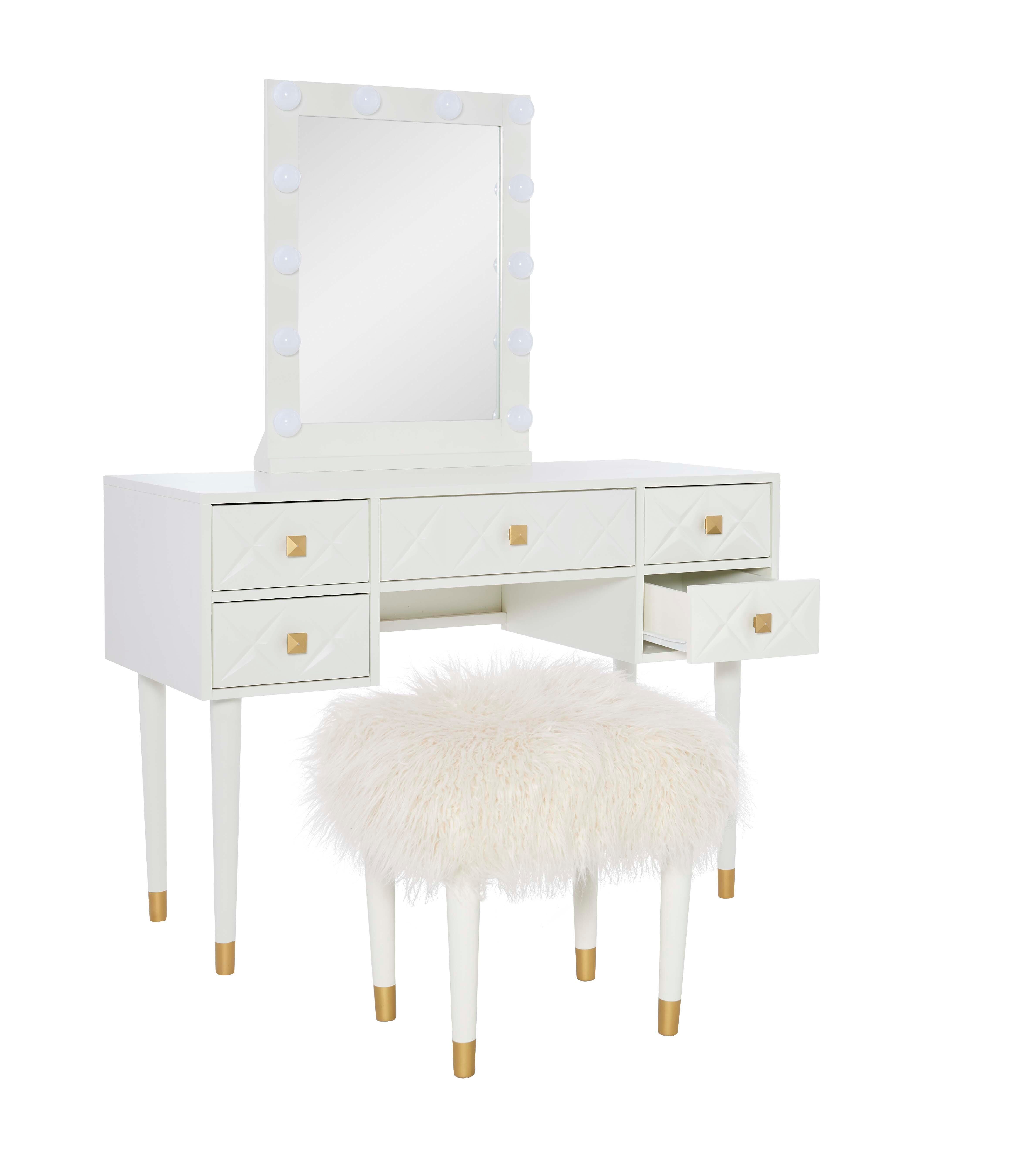 Linon Geo Lighted Vanity and Stool Set, White, large