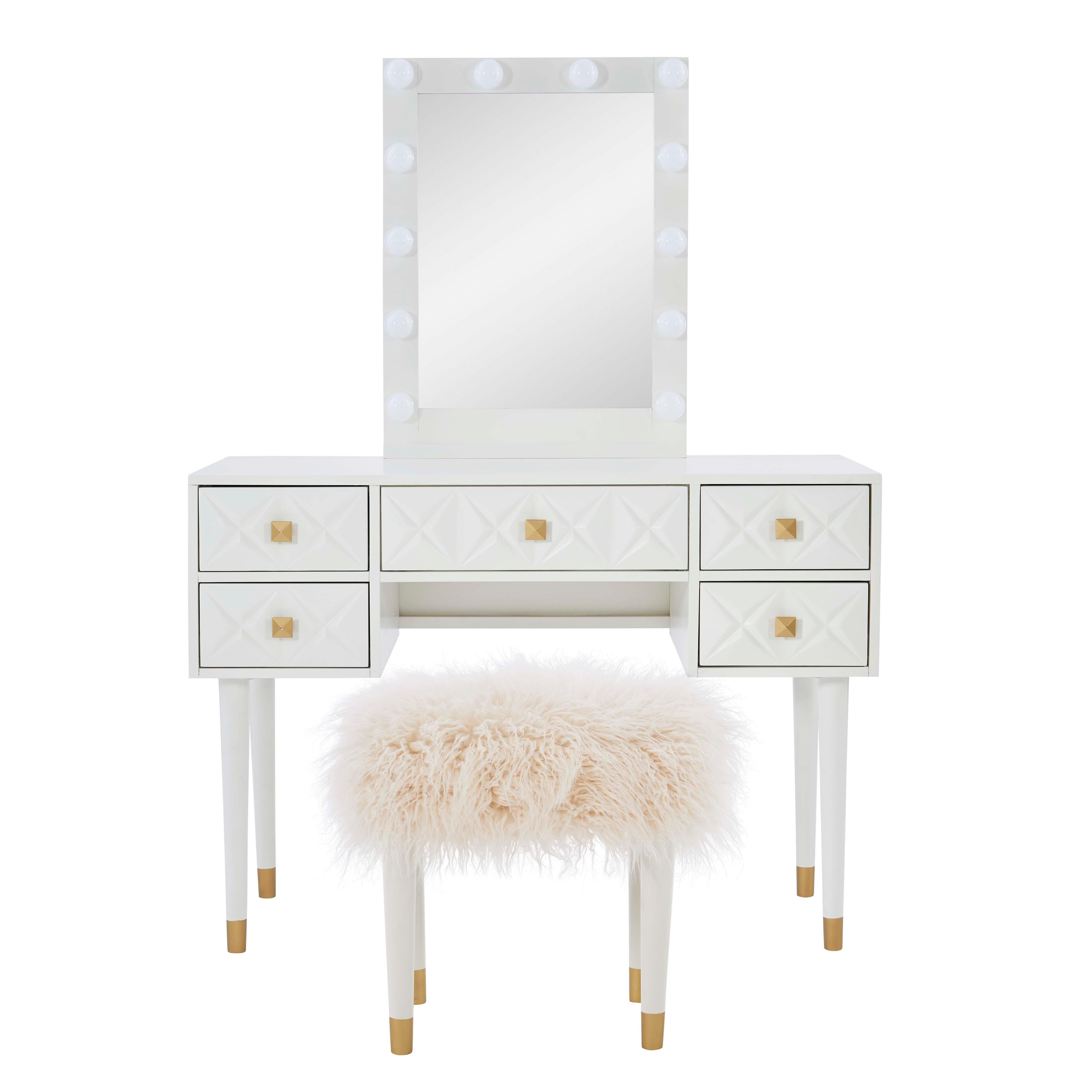Linon Geo Lighted Vanity and Stool Set, White, large