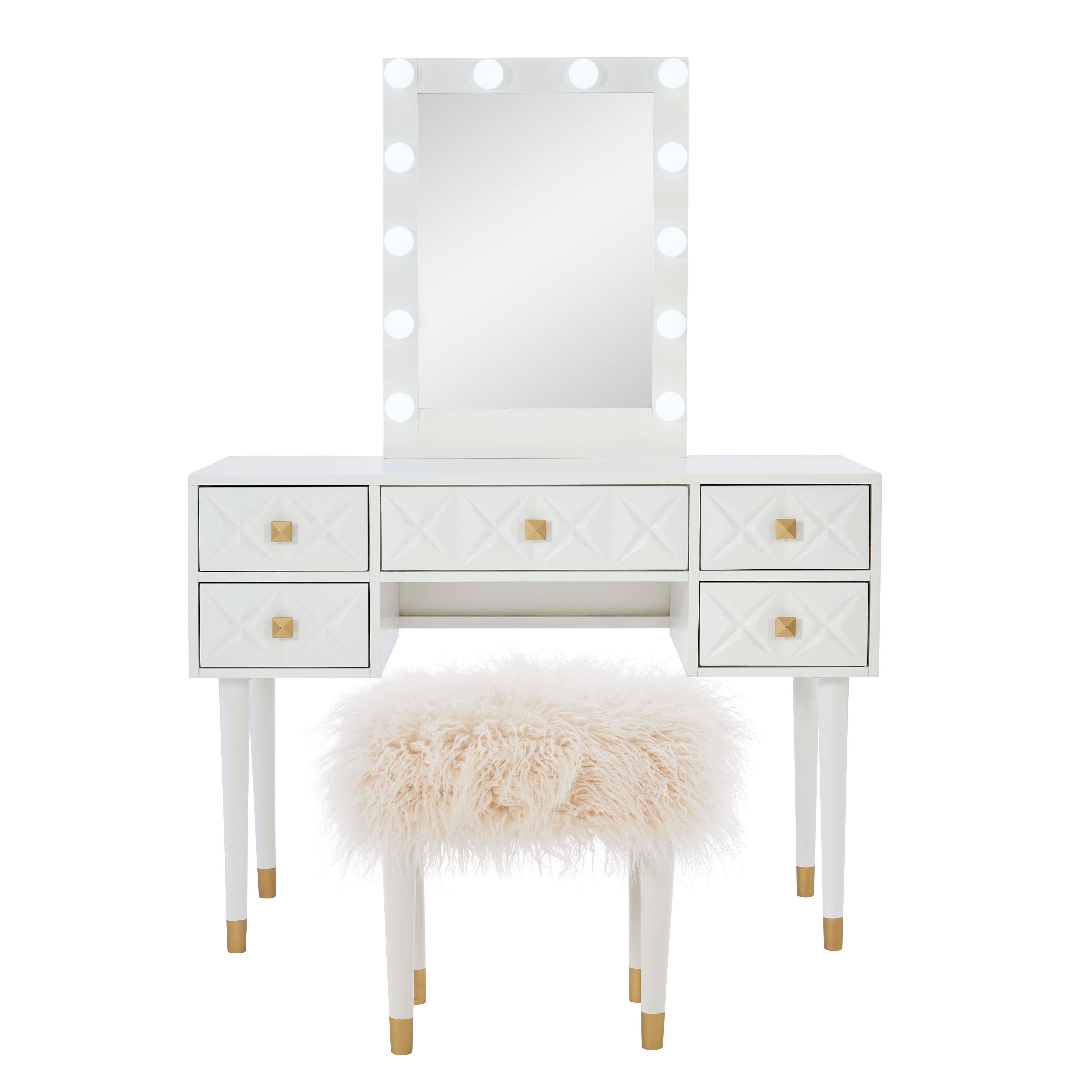 Linon Geo Lighted Vanity and Stool Set, White, large