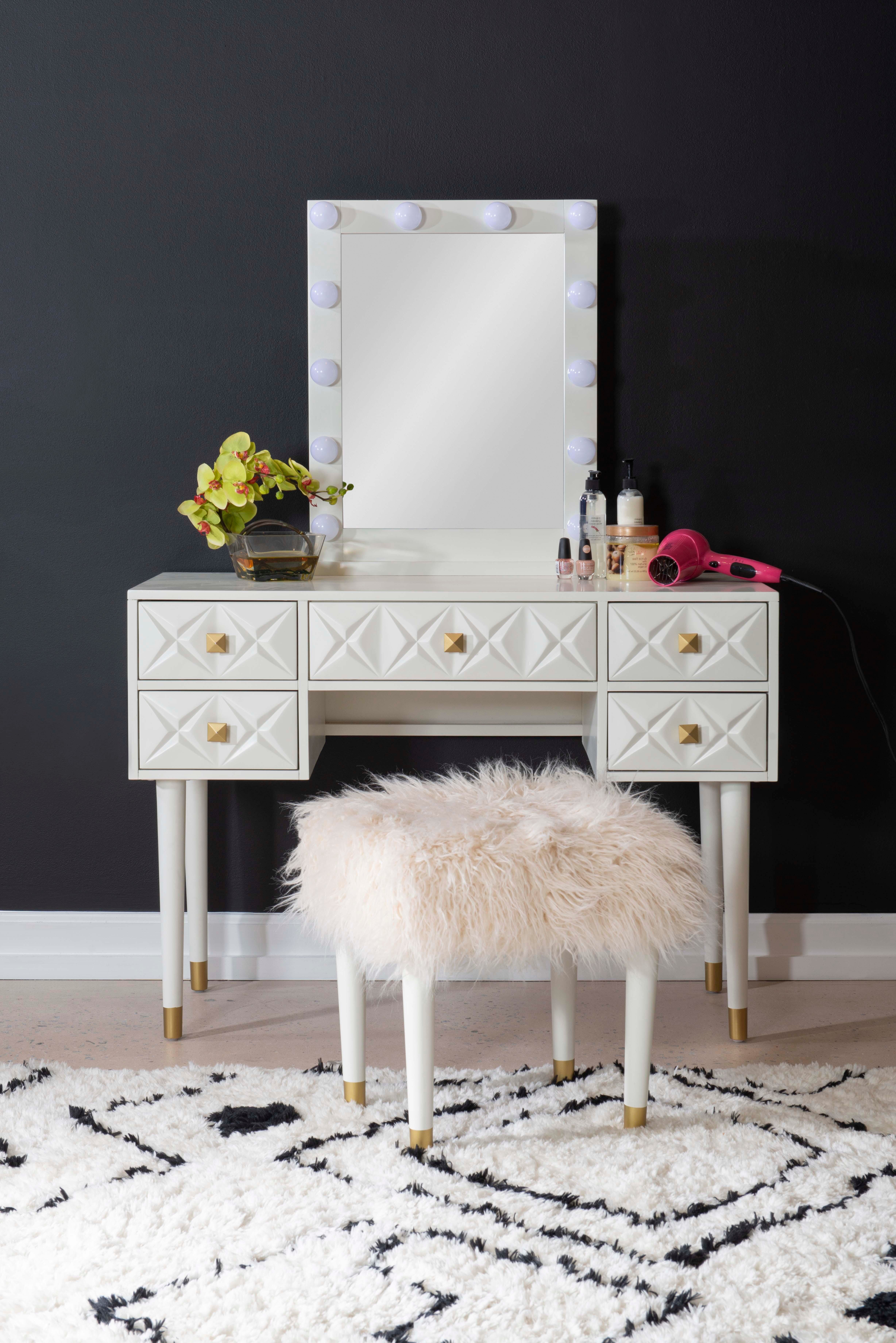 Linon Geo Lighted Vanity and Stool Set, White, large