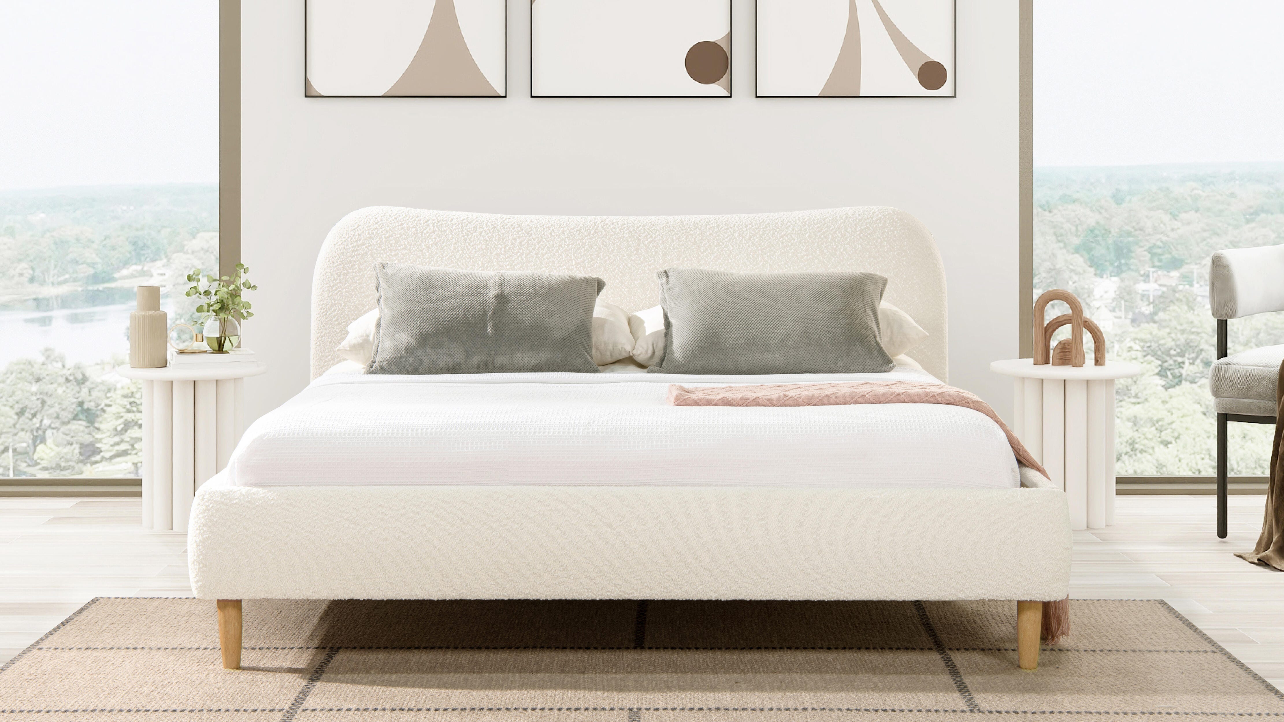 Jennifer Taylor Roman Roman Curved Headboard Upholstered King Platform Bed, Ivory White, large