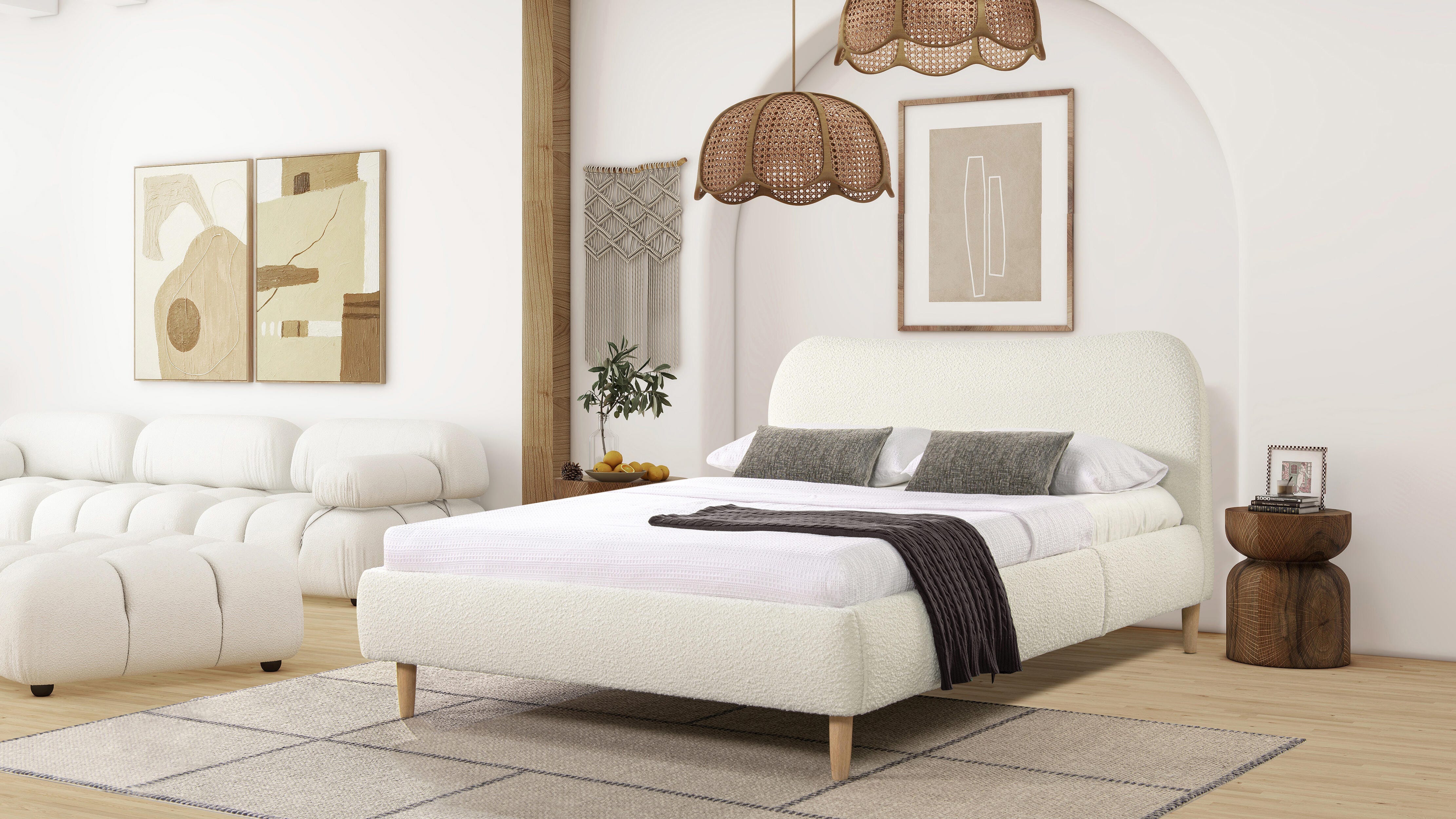 Jennifer Taylor Roman Roman Curved Headboard Upholstered Queen Platform Bed, Ivory White, large