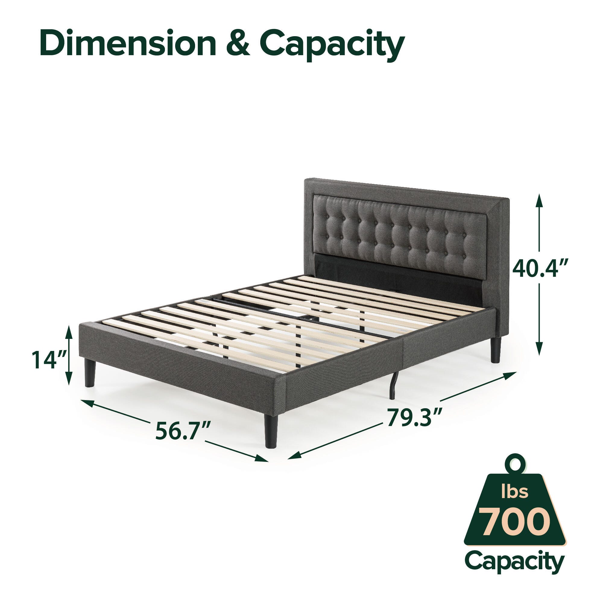 ZINUS Platform Full Bed Frame with Headboard, Dark Gray, large
