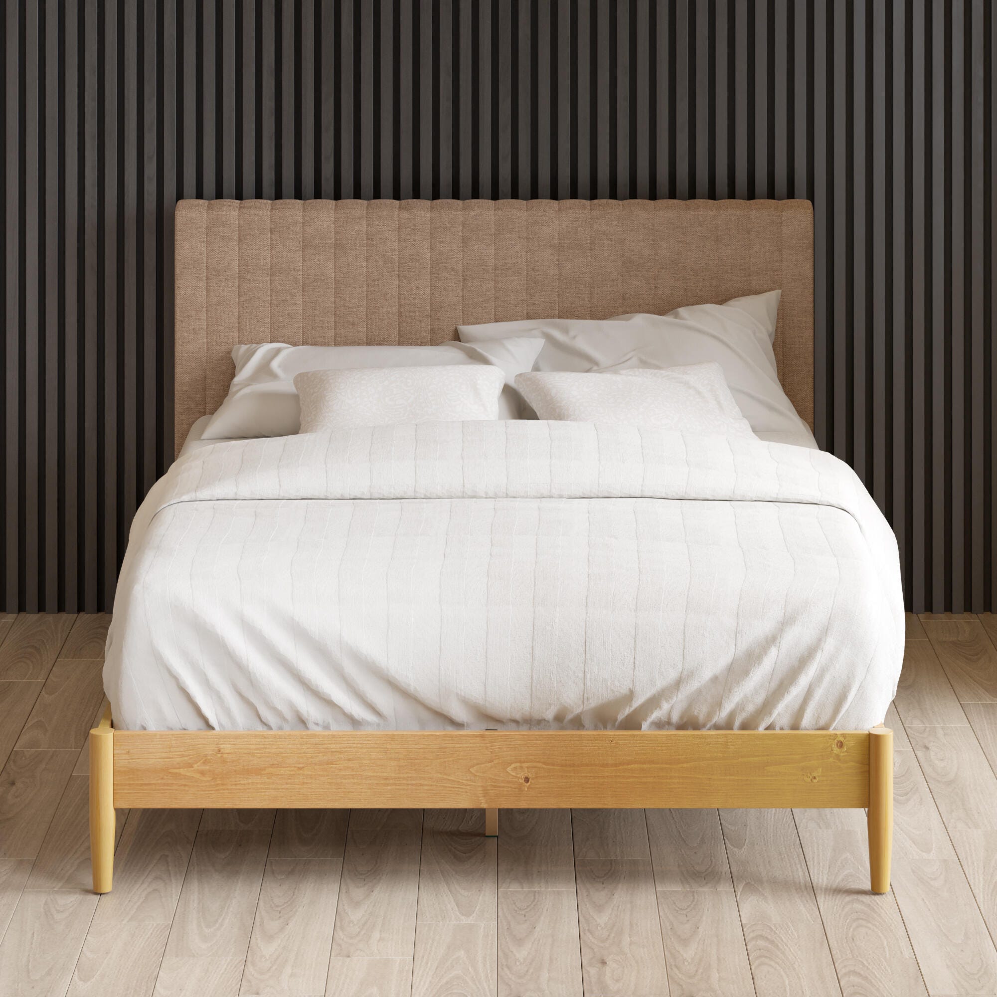 ZINUS Platform Queen Bed with Channel Tufted Headboard, Latte, large