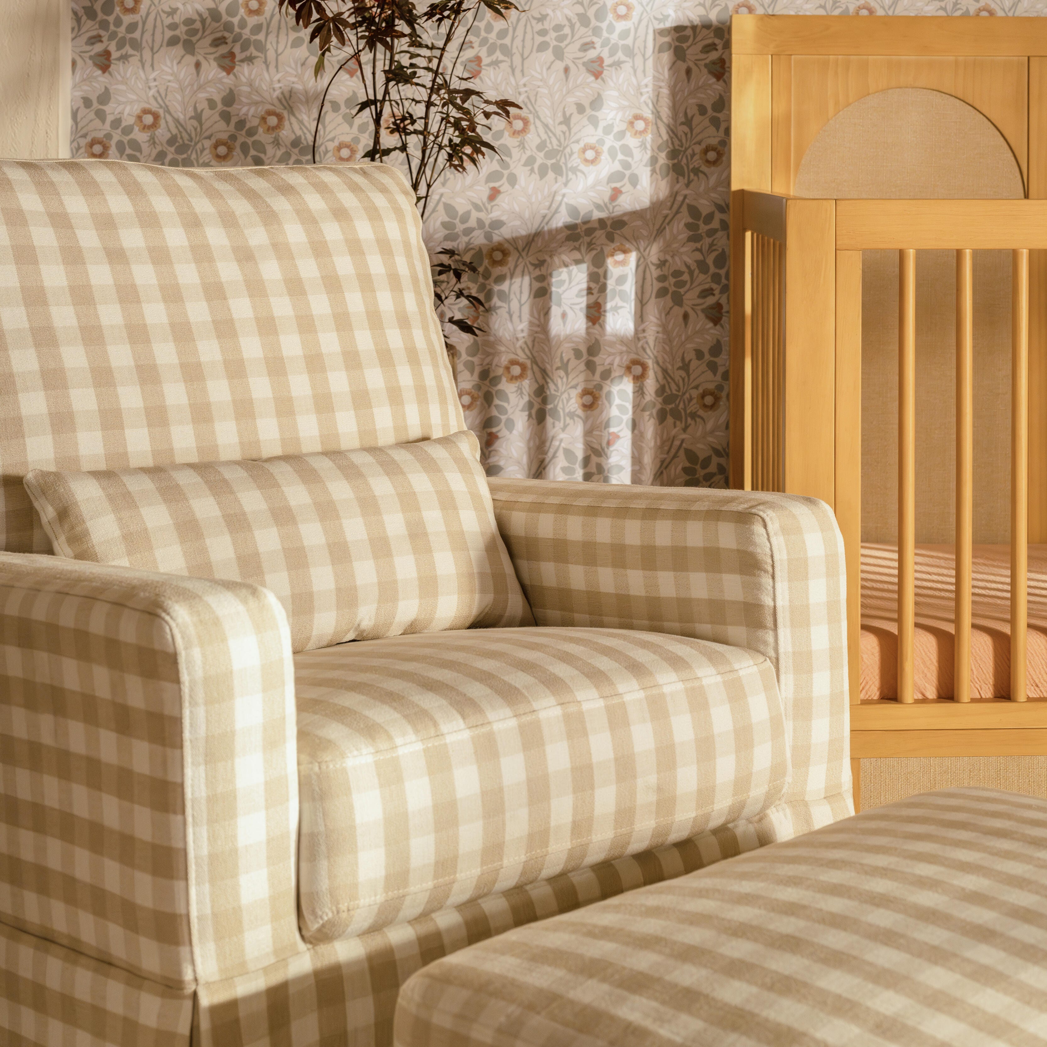 Namesake Crawford Pillowback Comfort Swivel Glider in Gingham, Tan Gingham, large