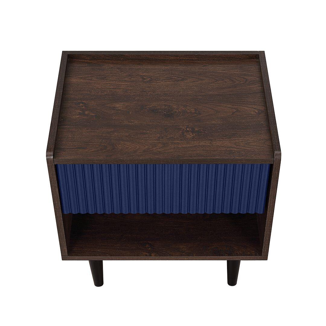 Manhattan Comfort Duane Ribbed 1-Drawer Nightstand, Dark Brown/Navy Blue, large