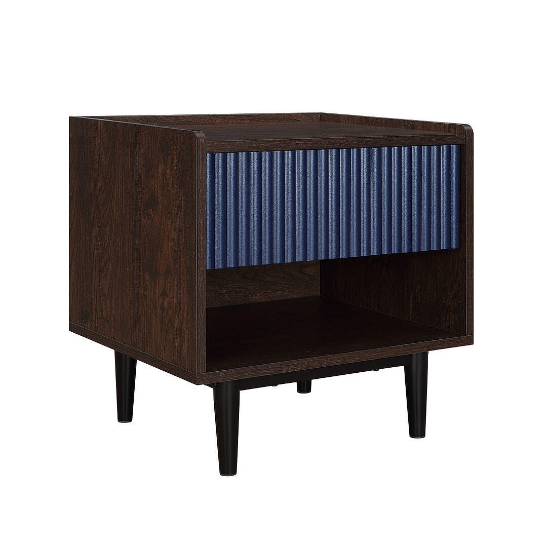 Manhattan Comfort Duane Ribbed 1-Drawer Nightstand, Dark Brown/Navy Blue, large