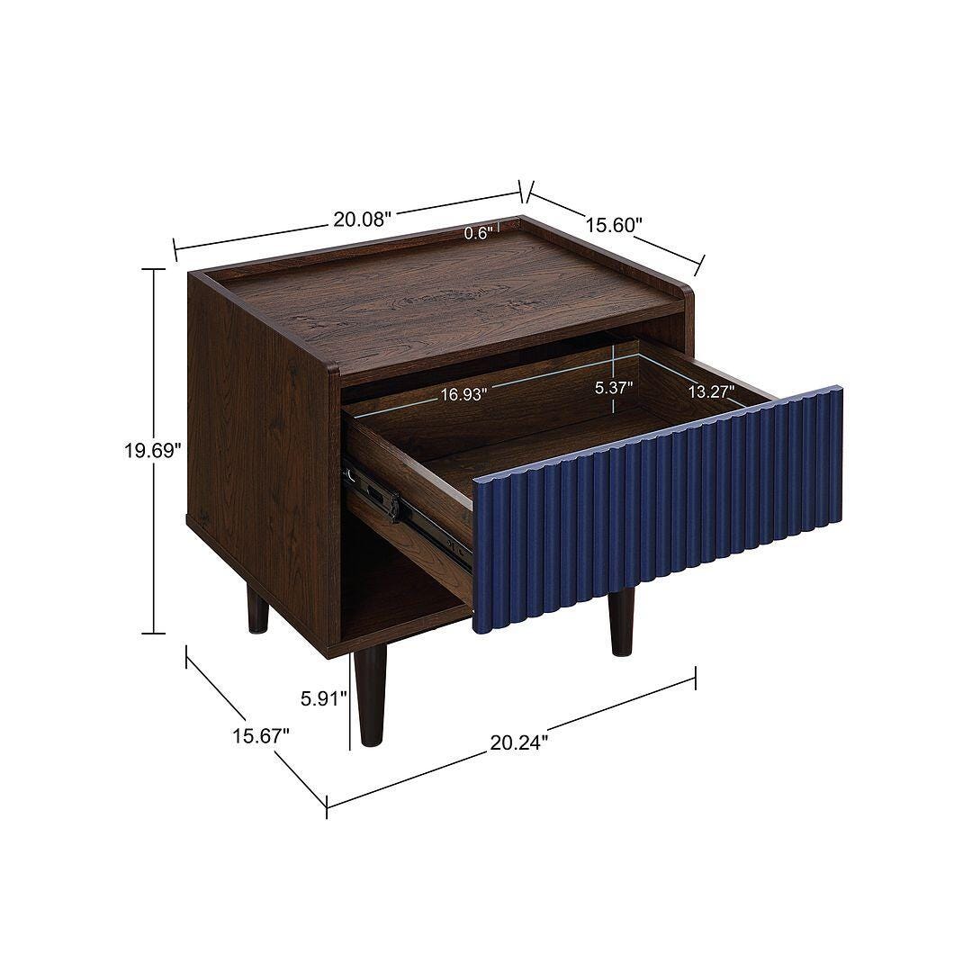 Manhattan Comfort Duane Ribbed 1-Drawer Nightstand, Dark Brown/Navy Blue, large