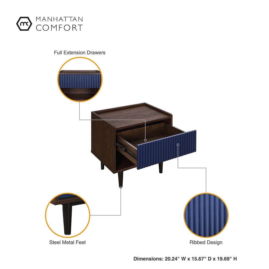 Manhattan Comfort Duane Ribbed 1-Drawer Nightstand, Dark Brown/Navy Blue, large
