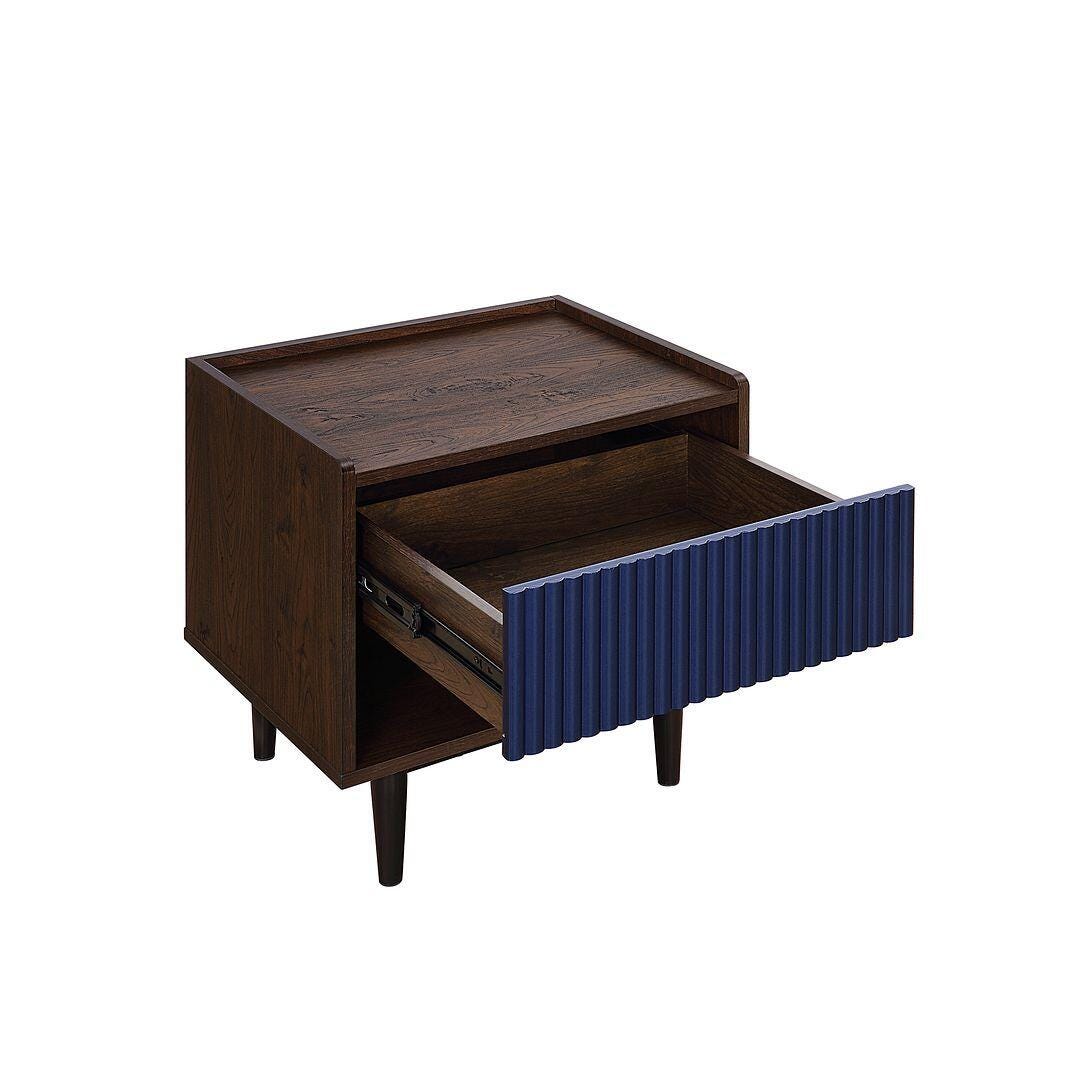 Manhattan Comfort Duane Ribbed 1-Drawer Nightstand, Dark Brown/Navy Blue, large