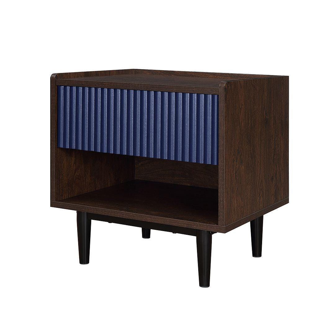 Manhattan Comfort Duane Ribbed 1-Drawer Nightstand, Dark Brown/Navy Blue, large