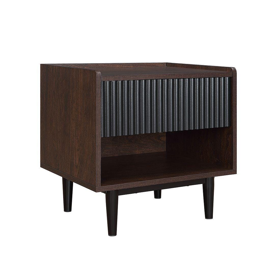 Manhattan Comfort Duane Ribbed 1-Drawer Nightstand, Dark Brown/Black, large
