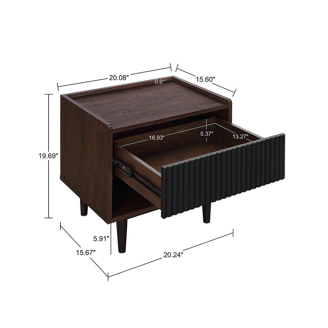 Manhattan Comfort Duane Ribbed 1-Drawer Nightstand, Dark Brown/Black, large