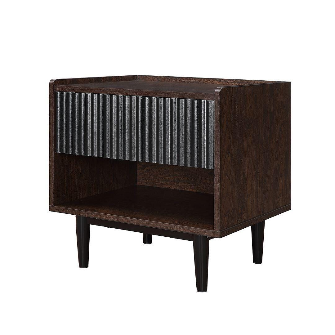 Manhattan Comfort Duane Ribbed 1-Drawer Nightstand, Dark Brown/Black, large
